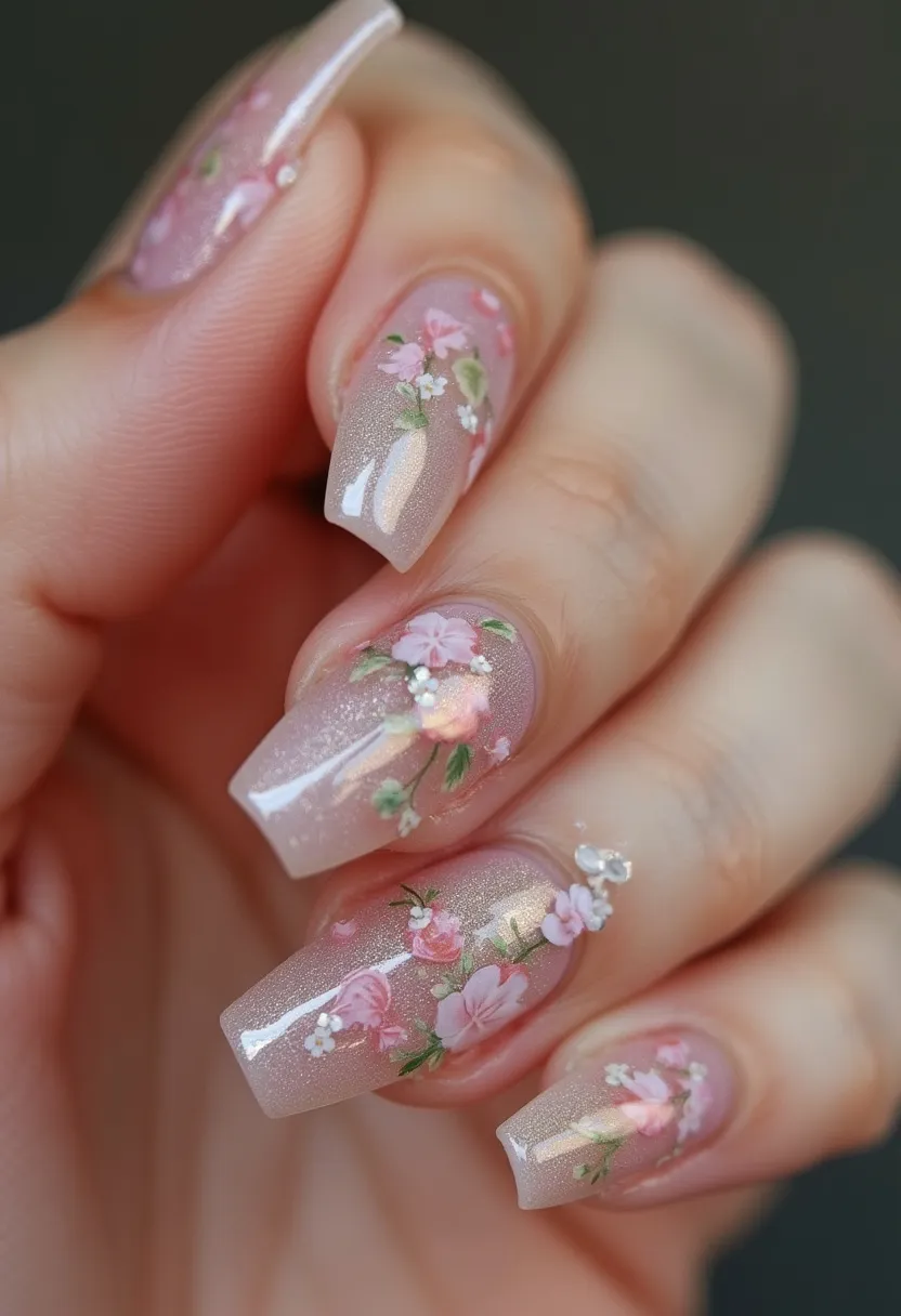 The nail design features a delicate and feminine color palette, predominantly soft pink with subtle glitter for added sparkle. The nails possess a tapered square shape, offering a modern and stylish appearance. Intricate floral patterns adorn each nail, showcasing tiny blossoms in shades of pink and white, complemented with green leaves. Small rhinestones are also integrated into the design, providing a touch of elegance and shine. This design appears to be achieved using a gel treatment, ensuring a glossy and durable finish. The floral elements suggest a spring or summer theme, making this suitable for seasonal events or special occasions like weddings.