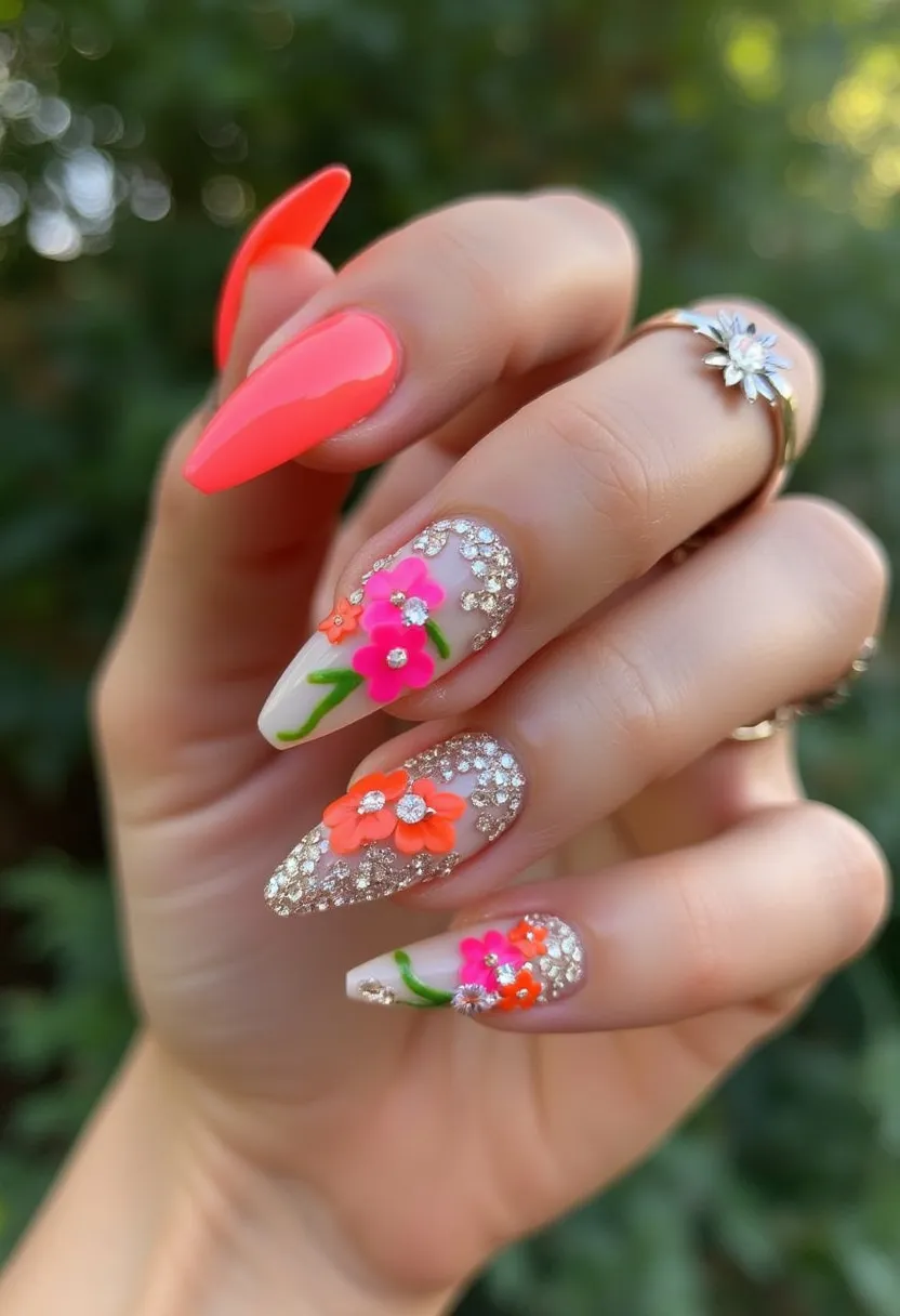 The nail design features a vibrant color palette primarily consisting of neon coral, pink, and neutral shades with glitter accents. The nails are shaped in a stiletto style, characterized by their long, tapering form with sharp tips. A mix of nail art techniques is used, including intricate floral patterns with three-dimensional flowers in bright pink and coral hues, complemented by sparkling rhinestones. The glitter detail is densely packed around the tips and cuticle areas, creating a glamorous effect. This design appears to be created using gel or acrylic nails, providing a glossy and durable finish. The overall aesthetic of this nail art seems fitting for a summer or spring season theme, perfect for special occasions like weddings, festivals, or parties.