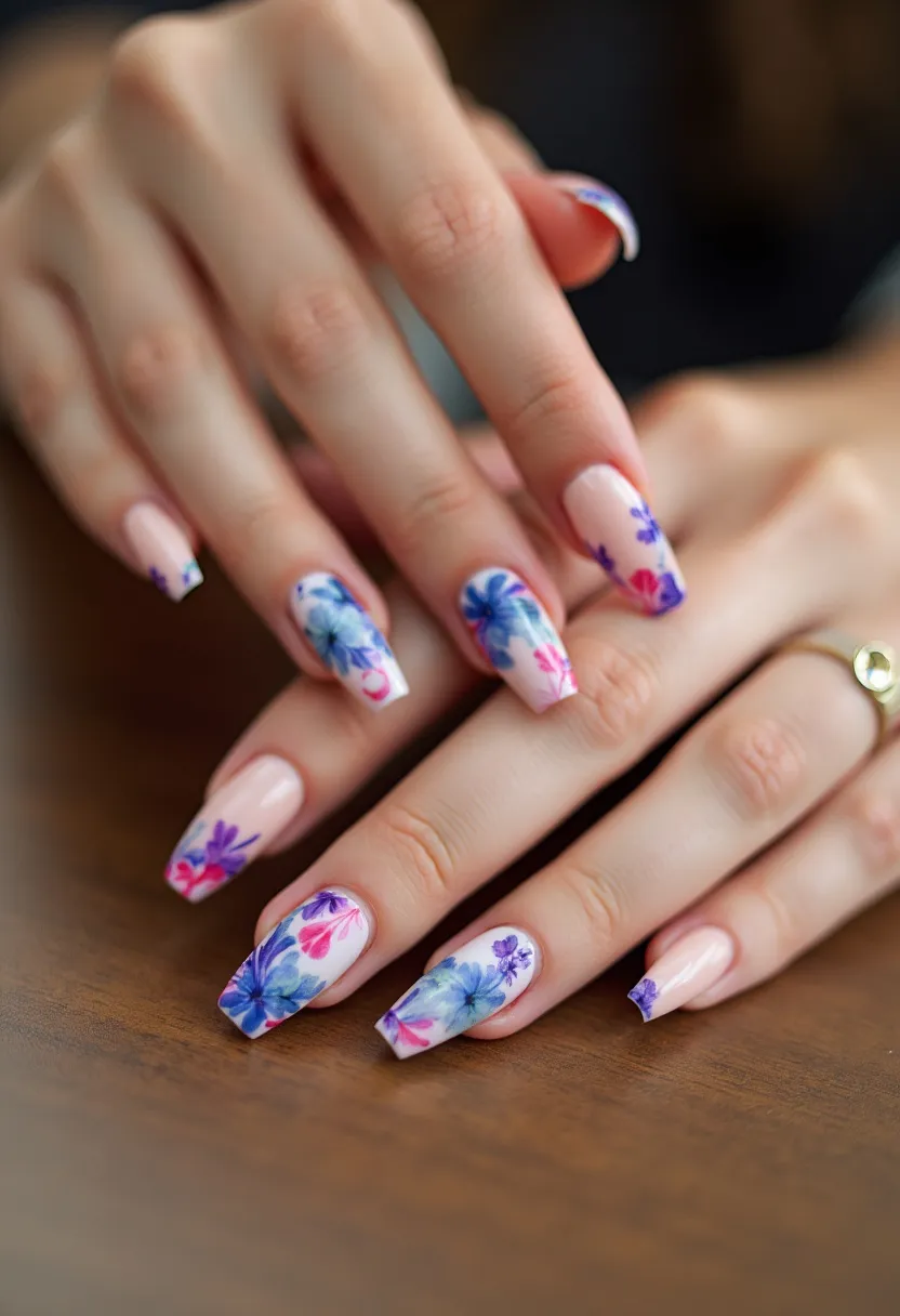 The nail design features a delicate and soft color palette with shades of pastel pinks and blues highlighted by vibrant floral patterns in purple and pink. The nails are shaped in a long, tapered square style, commonly known as ballerina or coffin shape. The intricate floral patterns are reminiscent of spring or summer themes, suggesting a seasonal inspiration. The designs might have been achieved using gel polish, given the glossy and smooth finish that appears durable and professionally applied. The floral motifs are painted meticulously across all the nails, with each nail showcasing a unique arrangement of flowers, adding an elegant and sophisticated touch, suitable for special occasions or festive celebrations.