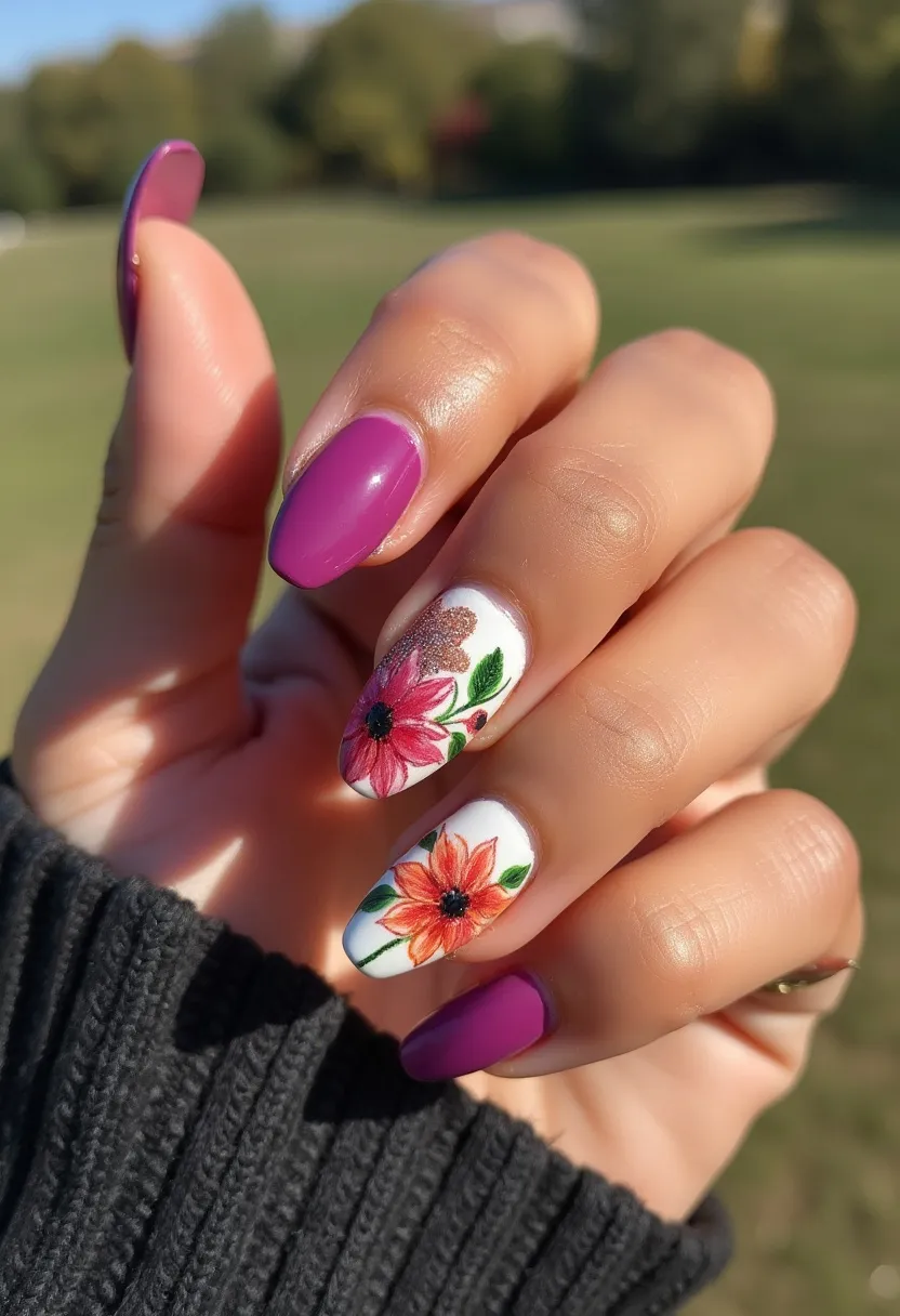 The nail design showcases a vibrant and elegant aesthetic. The nails are shaped in a medium length almond shape, providing a sleek and stylish appearance. The color palette predominantly features a striking magenta on several nails, complemented by an accent design on two nails. These accent nails are covered with a crisp white base and adorned with intricate floral patterns, showcasing pink and orange flowers along with green leaves, adding a refreshing natural element to the design. The floral designs also include delicate details such as small black centers for the flowers, giving them a realistic touch. This suggests the application of hand-painted nail art, likely utilizing gel polish for its smooth and glossy finish. The combination of vivid colors and floral artistry makes the design suitable for a spring or summer theme, perfect for enhancing seasonal outfits or special occasions like garden parties or weddings.