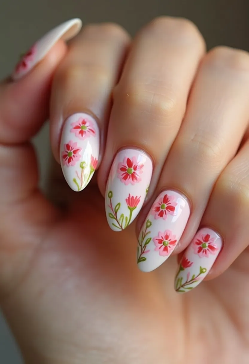 The nail design features almond-shaped nails painted with a light pink base color, ideal for a delicate and feminine look. The intricate patterns consist of hand-painted floral decorations with red and pink flowers, accentuated by green leaves and stems, creating a spring-like or garden-inspired theme. The nails have a glossy finish typical of gel nail treatments, ensuring a durable and polished appearance. Unique details include the meticulous detailing of the flowers and leaves, enhancing the overall aesthetic and making it suitable for special occasions such as weddings or springtime events.