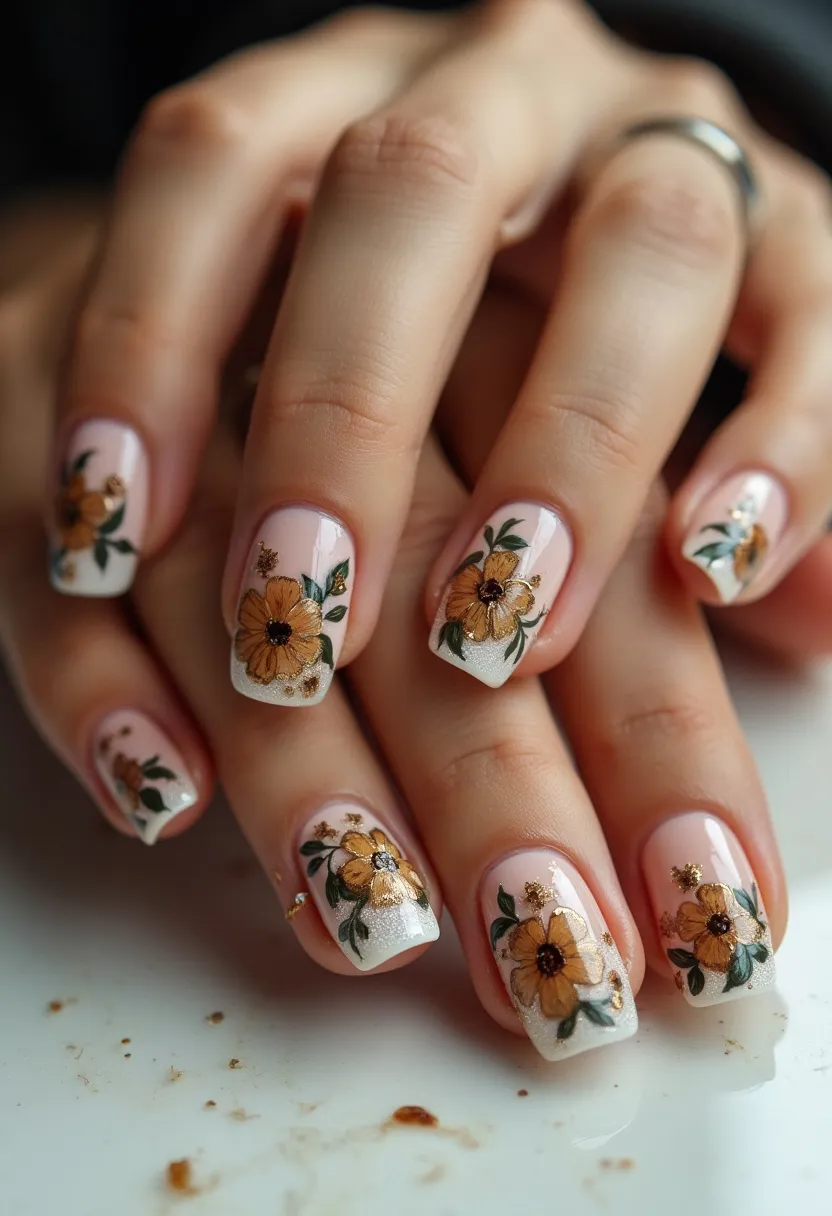 The nail design features a soft pastel color palette, predominantly with a nude or light pink base color. Each nail showcases intricate floral patterns, with detailed blooms in shades of yellow and gold, accompanied by delicate green leaves. The nails are shaped into a medium-length, rounded square form. The decorations include small gold accents and glitter that radiates a touch of elegance and festivity. The treatment appears to be a gel manicure, given the glossy finish. This nail art has a distinctively autumnal or spring theme, suitable for seasonal celebrations or special occasions, with its vibrant yet sophisticated floral motifs.