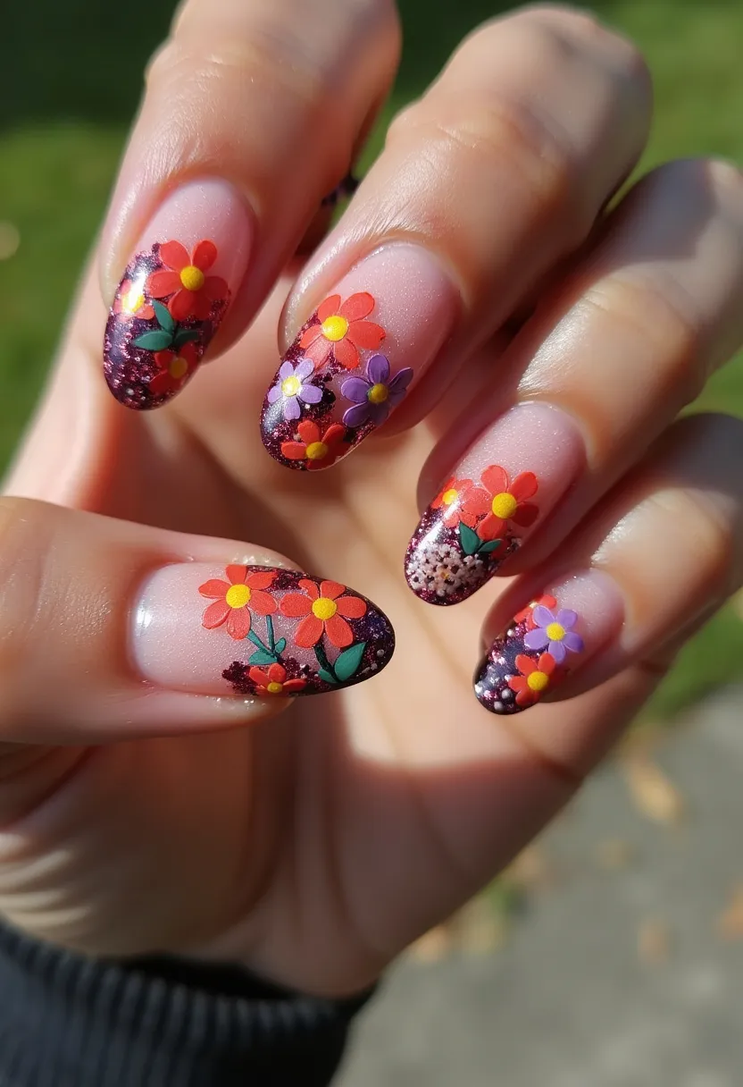 The nail design showcases a vibrant and playful floral theme with a color palette that includes deep burgundy, orange, yellow, purple, and green. The nails are shaped in an almond form, which adds an elegant touch to the overall look. Each nail features intricate decorations of colorful daisies and leaves set against a glittery burgundy French tip, creating a striking contrast with the natural pink base. This design appears to be executed with gel polish, offering a glossy and durable finish. The floral decorations are detailed, with multiple colors for petals and leaves, suggesting a hand-painted or 3D nail art technique. This cheerful and lively design makes it perfect for a spring or summer occasion, celebrating warmth and blossoming flowers.