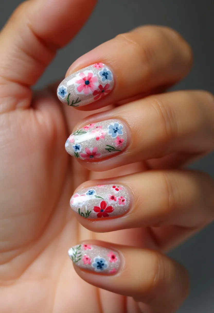 The nail design features a delicate floral motif with a glittery, translucent base coat. The color palette includes soft pastel shades of pink, blue, and red for the flowers, with green accents for the leaves, creating a fresh and lively look. The nails are almond-shaped, providing a graceful and elongated appearance. The flowers are intricately painted with attention to detail, showcasing various sizes and petal arrangements, giving each nail a unique yet cohesive design. This intricate nail art appears to be done using gel polish, which provides a smooth, glossy finish and ensures durability. The overall theme suggests a springtime or summertime feel, perfect for these seasons or special events like garden parties or weddings, where a charming and elegant manicure adds to the occasion's festive atmosphere.