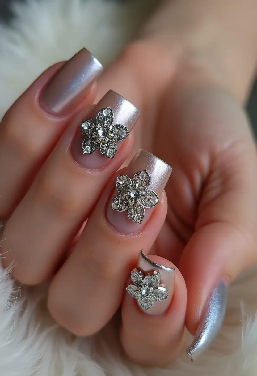 The nail design features a polished and elegant aesthetic with a color palette predominantly consisting of a shimmery silver shade. The nails are shaped in a medium-length square style. Intricate patterns are present in the form of elaborate, three-dimensional flower decorations adorned with sparkling rhinestones, adding a touch of luxury and sophistication. The type of nail treatment appears to be gel, given the glossy and smooth finish. These ornate and eye-catching details are suitable for special occasions such as weddings or formal events, providing a statement look that is both glamorous and stylish.