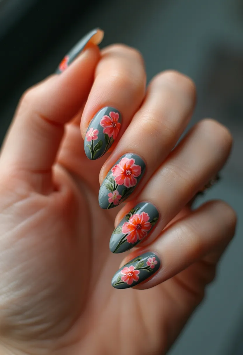 This nail design features an elegant floral theme on an oval-shaped nail silhouette. The color palette consists of a muted, dusty green background, complemented by delicate hand-painted flowers in vibrant shades of pink, coral, and red, with green leaves. The intricate floral patterns exhibit a high level of detail and artistry, suggesting a professional gel or acrylic nail treatment, which typically allows for such precise artwork. The design is sophisticated and versatile, making it suitable for special occasions like weddings, garden parties, or spring and summer events. Unique details include the nuanced shading within the petals, adding depth and realism to the floral design.