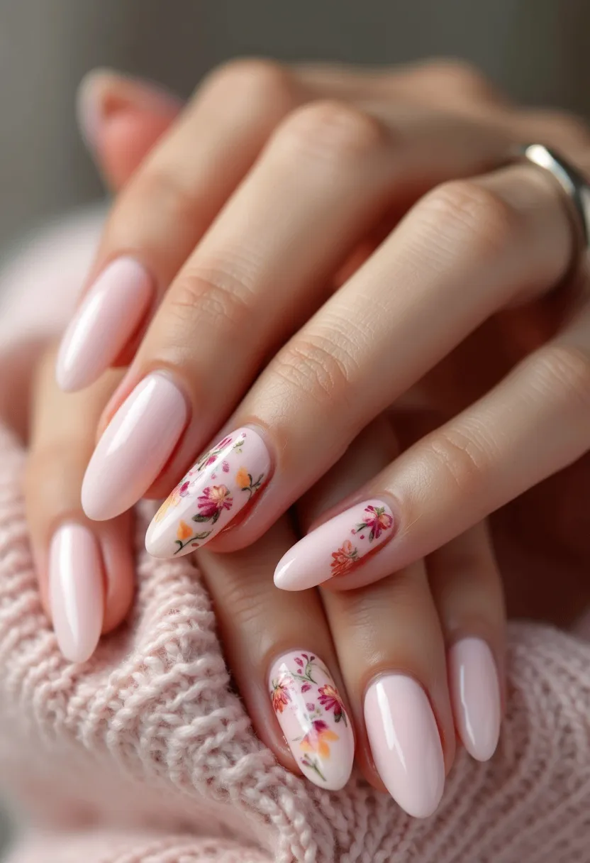 The nail design showcases a sophisticated and elegant palette centered around a pale pink base, providing a soft and feminine look. The nails are shaped in a subtle almond form, which enhances the delicacy and elongation of the fingers. Intricately detailed floral patterns featuring a mix of pink, orange, and red flowers with green leaves accentuate a couple of nails, adding a touch of natural beauty and artistry. The design appears to be enhanced with a gel treatment, giving the nails a glossy and smooth finish. These intricate floral decorations evoke a sense of spring or summer, making the design a perfect choice for seasonal themes or special occasions such as weddings or garden parties.