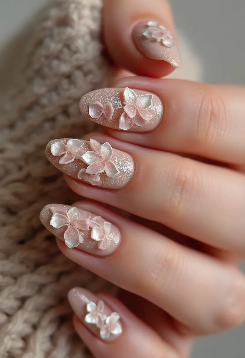 The nail design features a soft, neutral color palette primarily consisting of a subtle shimmer that adds depth and elegance. The nails are shaped in a medium almond form, enhancing the natural appearance while providing a sophisticated silhouette. Intricately placed 3D flower decorations adorn each nail, crafted in delicate shades of light pink and off-white, creating a beautifully textured floral pattern. The technique appears to be gel-based, ensuring a smooth, glossy finish that supports the durability and lifespan of the intricate floral details. The overall design exudes a springtime or bridal theme, making it ideal for special occasions such as weddings or celebratory events in the spring season.