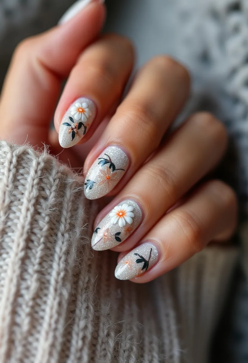 The nail design showcases almond-shaped nails with a silver glitter base. The nails are adorned with intricate floral patterns featuring white daisy-like flowers with orange centers and green leaves, creating a delicate, garden-inspired appearance. This design appears to be done using gel polish, allowing for the shiny and enduring finish. The artwork suggests a spring or summer theme, making it perfect for a bright, warm season or a special occasion like a garden party or wedding. The overall look combines elegance with a touch of playfulness, enhancing the beauty of the nails with its detailed and vibrant floral motifs.