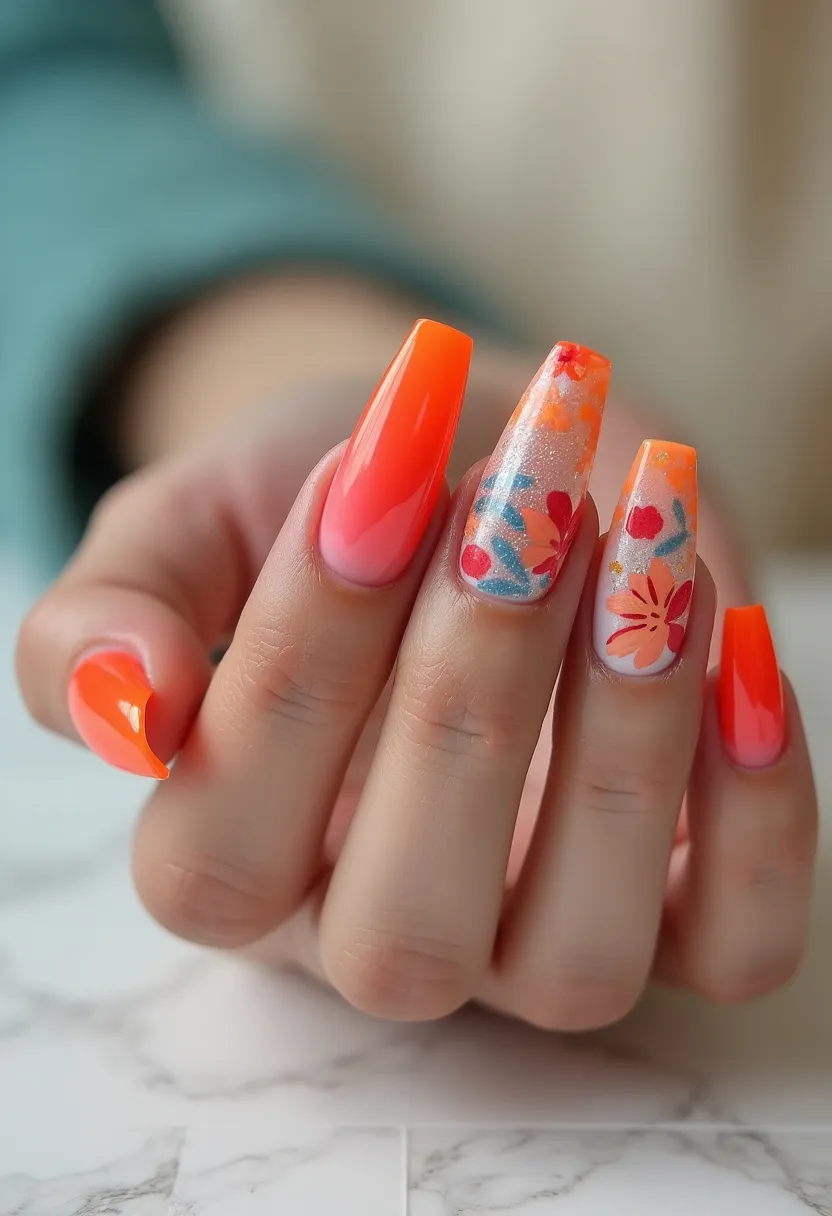 The nail design showcases a vibrant and lively summer theme with vivid orange, coral, and peach hues dominating the color palette. The nails are long with a coffin shape, offering an elegant canvas for the nail art. The thumb and pinky nails feature a solid, glossy orange color, while the middle three nails have intricate floral patterns. These patterns include a mix of coral, red, peach, and blue colored flowers and leaves, complemented by a subtle glittery overlay for added sparkle. The index finger displays a gradient effect, transitioning from a clear base to orange, smoothly blending the colors. These nails appear to be done using acrylic, given the length and shiny finish, and the design suggests a light, fun, and festive summer theme.