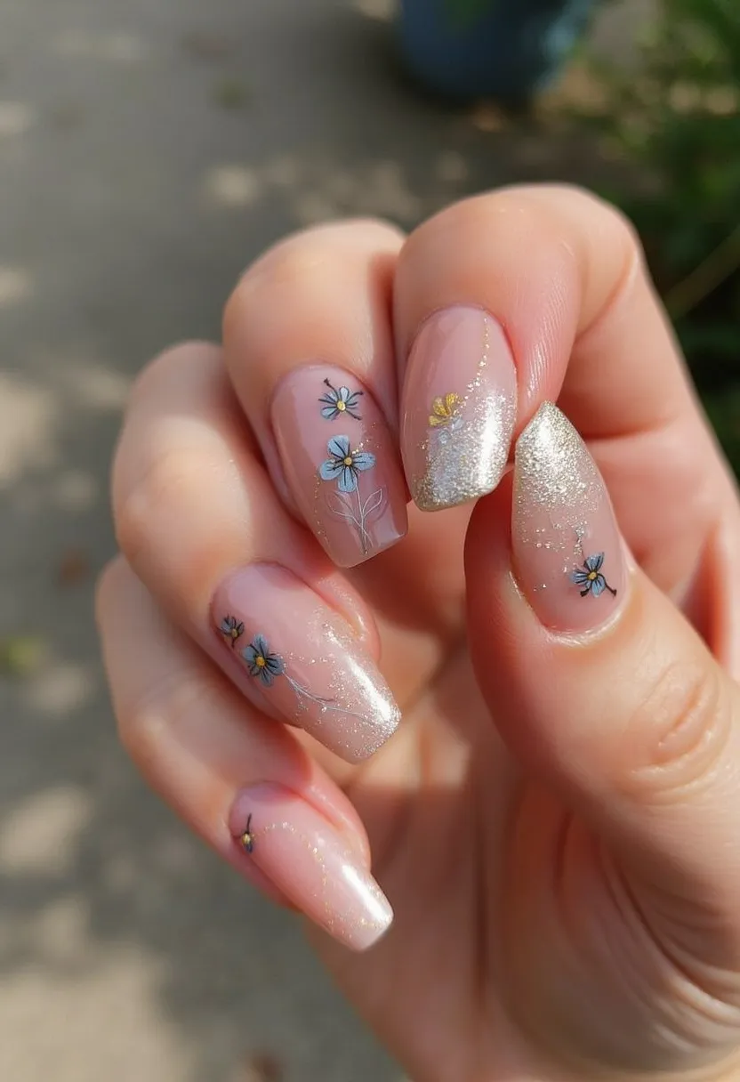 The nail design features a delicate and elegant look, emphasizing a fresh, spring-like aesthetic. The nails are shaped in an almond form, providing a sophisticated appearance. The primary color palette includes a soft, translucent nude base, with a prominent use of a shimmery silver on certain nails, creating a gentle contrast. Intricate hand-painted floral patterns, predominantly featuring small blue and yellow flowers with fine white stems, adorn the nails, adding a whimsical and feminine touch. The treatment used appears to be a gel application, given the smooth, glossy finish and durability of the design elements. This nail design could be ideal for spring or special events like garden parties or weddings, providing a refreshed and charming appearance.