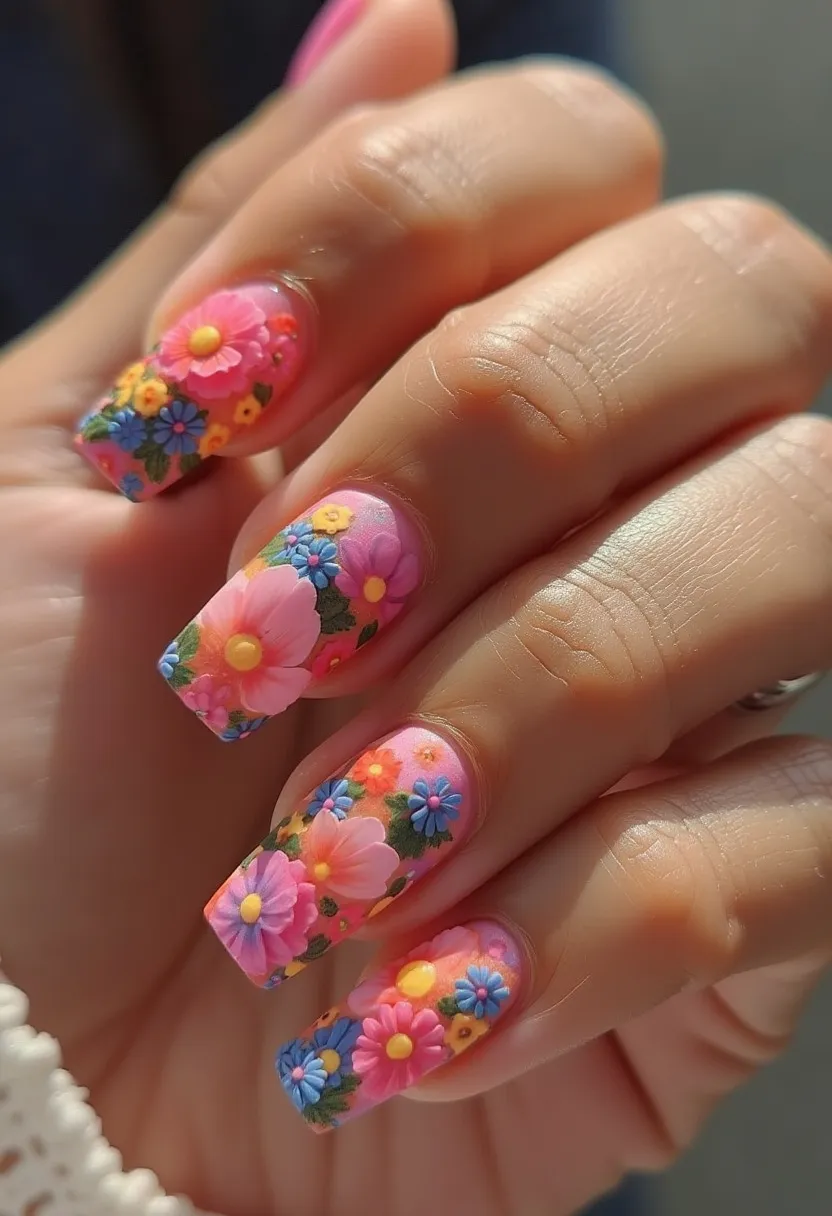 The nail design features a vibrant and colorful floral theme perfect for a spring or summer occasion. The color palette includes bright pink, yellow, blue, orange, and green, creating a lively and cheerful look. The nails are shaped in a moderate coffin style, providing an elegant and elongated appearance. Each nail is adorned with intricate 3D flower patterns, which add depth and texture, making the design pop. The flowers vary in size and color, with pink being the predominant hue, complemented by smaller blue and yellow blossoms. Given the glossy finish and vibrant details, the design might involve a gel or acrylic treatment. The overall aesthetic is fresh and festive, ideal for a celebratory or seasonal event.