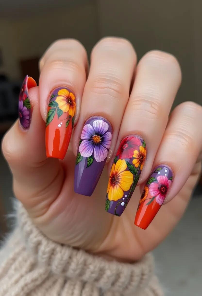 The nail design features a vibrant color palette consisting of deep purple and bright orange shades. The nails have a long, coffin shape and display elaborate floral patterns, including yellow, pink, and red flowers with green leaves. The intricate details of the flowers are enhanced with small white dots, adding a delicate touch. Considering the high-gloss finish and the durability of the nail art, it is likely that a gel treatment was used to achieve this look. The design incorporates a lively and cheerful theme, making it suitable for a spring or summer seasonal theme or special occasions like garden parties or festive celebrations.