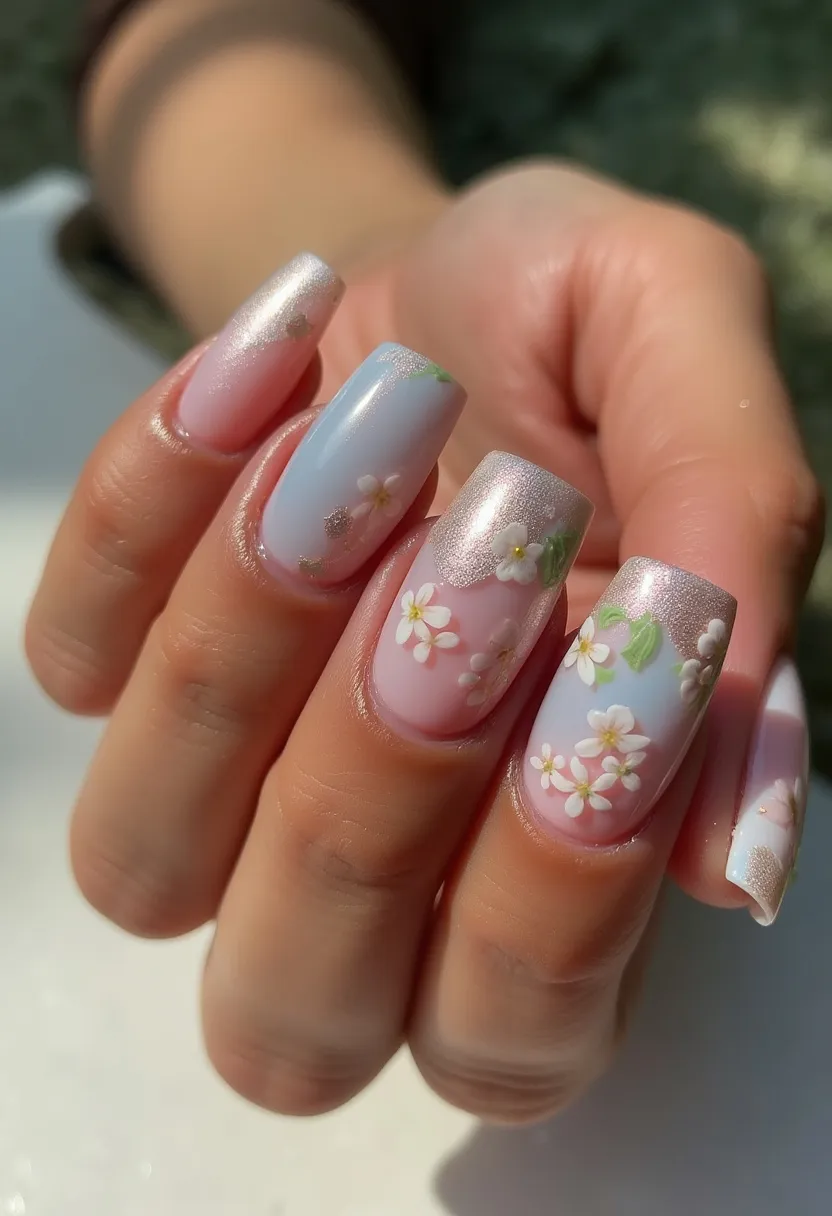 The nail design features a soft pastel color palette dominated by light pink and light blue hues. The nails are medium length and square-shaped, displaying a mixture of ombre effects with a shimmering, metallic powder applied to the tips. Intricate hand-painted white and pale yellow flowers with green leaves adorn each nail, giving a fresh and delicate look, capturing the essence of spring or early summer. These nails appear to be created with gel treatment, which offers a glossy and long-lasting finish. This design is perfect for a seasonal celebration, perhaps a spring wedding or a garden party, with its light and airy feel emphasizing a blooming floral theme.