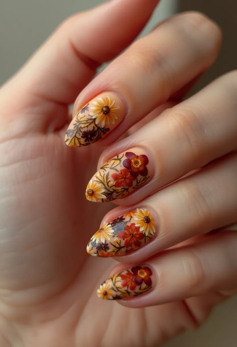 This nail design showcases a stunning autumnal theme with a color palette that includes warm hues of yellow, orange, brown, and burgundy. The nails are shaped into a medium-length almond style, enhancing the elegant and refined appearance. Intricate floral patterns featuring various flowers in rich fall colors decorate each nail, creating a cohesive and visually appealing look. The detailed designs suggest possibly using gel polish for a smooth finish and long-lasting wear. This sophisticated nail art, with its seasonal theme, is perfect for autumn and adds a charming touch to any outfit.