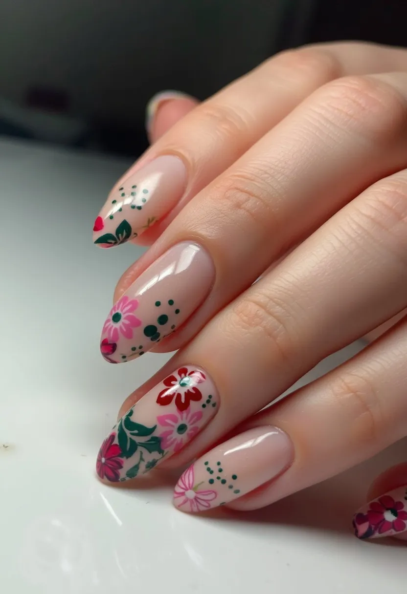 The nail design features a vibrant, floral aesthetic suitable for a summery or spring-like theme. The nails are shaped in an almond style, offering a delicate and feminine look. The color palette includes a neutral, translucent base with intricate floral patterns in bright hues of red, pink, green, and white. Each nail showcases unique floral decorations, with a variety of flower designs and green leaves, creating a cohesive, nature-inspired theme. The details are meticulously painted, likely indicating the use of gel polish for a shiny, durable finish. This design is elegant and eye-catching, perfect for special occasions or seasonal celebrations like spring festivals or weddings.