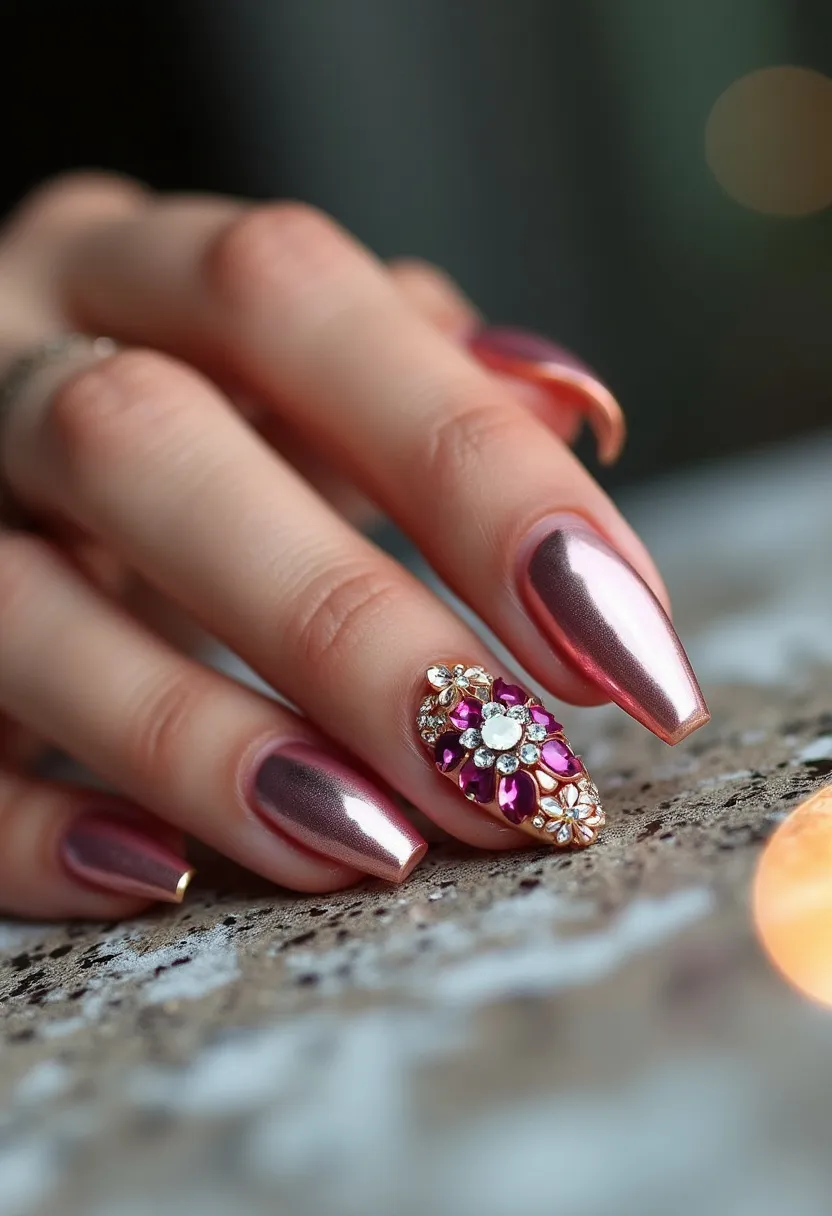 The nail design features a striking palette of metallic rose gold, which highlights the elegant, coffin-shaped nail extensions. The treatment appears to be a glossy gel finish, giving the nails a reflective and high-shine appearance. One nail stands out with intricate embellishments; it is adorned with a cluster of rhinestones and gems in varying sizes and colors, including clear and fuchsia, arranged in a floral pattern at the cuticle area. This design, rich in detail and sparkle, gives an opulent and festive vibe, making it suitable for special occasions or seasonal celebrations.