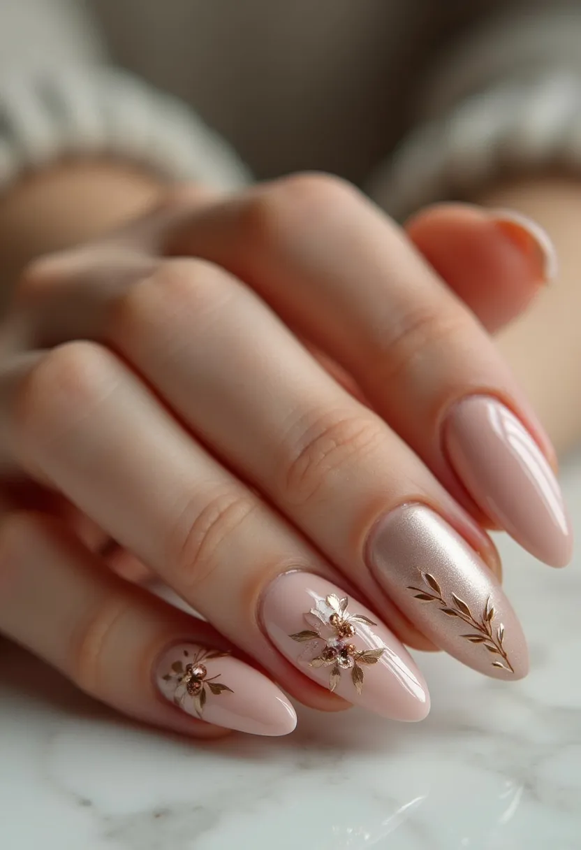 The nail design features a sophisticated palette of soft blush pink and muted metallic beige, creating a stylish and elegant look. The nails are almond-shaped, lending a feminine and elongated appearance to the fingers. Intricate floral and leaf patterns in gold adorn the nails, adding a touch of opulence and detail. These embellishments are complemented by small, decorative rhinestones, enhancing the overall elegance of the design. The type of nail treatment appears to be gel, giving a glossy and durable finish, perfect for special occasions or a refined everyday look. The floral and metallic elements suggest a suitable design for spring or festive events, combining both delicate and luxurious aesthetics.