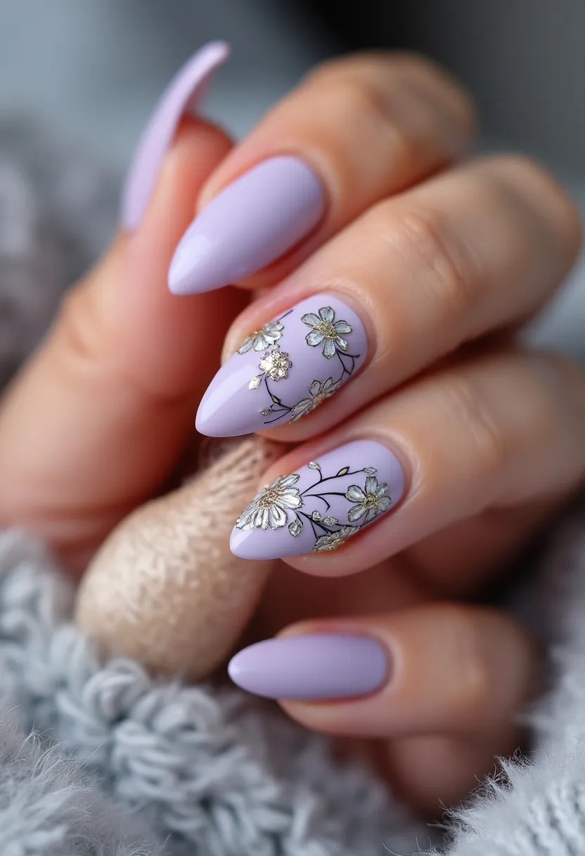 The nail design features a harmonious palette of pastel lavender, which creates a gentle and elegant look. The nails are shaped in a stiletto form, adding a sophisticated edge. Delicate floral patterns in silver, possibly accented with subtle hints of other metallic or glitter elements, are intricately painted on some of the nails, highlighting an artistic and detailed touch. The nails appear to have a high-gloss finish indicative of a gel treatment, ensuring both durability and shine. The floral motifs suggest a seasonal theme suitable for spring or special occasions such as weddings or garden parties, complementing the overall feminine and graceful aesthetic.