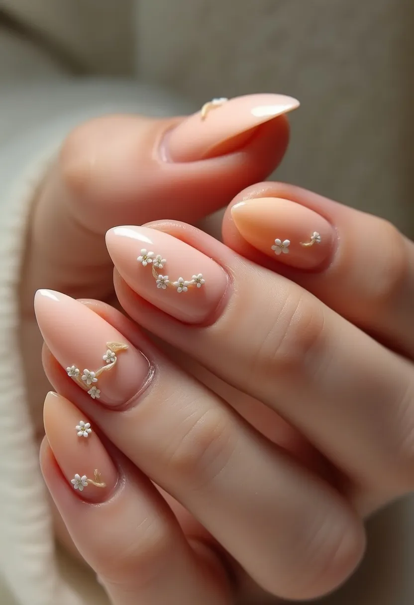 The nail design showcases a delicate and elegant aesthetic with a soft, peachy-nude base color. The nails are shaped into an almond form, giving them a sophisticated and elongated look. Adorning the base color are intricate, tiny white floral patterns with subtle light-yellow accents on some nails, resembling miniature daisy chains. These decorations add a touch of freshness and charm, making the design suitable for a spring or summertime theme. The overall appearance suggests that a gel treatment might have been used, given the glossy and smooth finish. The floral details exude a celebratory feel, making the nails perfect for special occasions like weddings or garden parties.