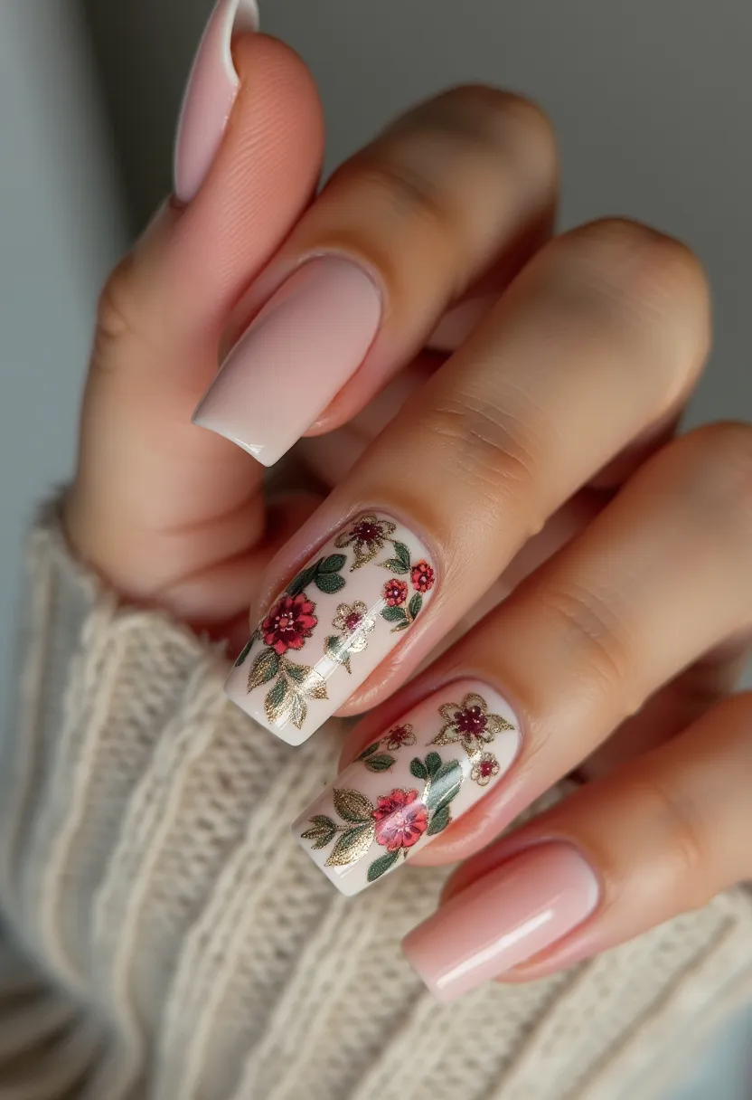 The nail design features a sophisticated combination of subtle and intricate elements. The color palette is predominantly a soft, neutral pink base, giving a clean and elegant backdrop. The nails are shaped into a medium-length coffin style, which adds a modern and stylish touch. Two of the nails display beautiful floral patterns with red, pink, and gold flowers, along with green leaves, providing a striking contrast against the neutral background. The level of detail in the floral designs indicates a meticulous application, possibly using high-quality nail wraps or decals. These nail designs are most likely created using gel polish, given their glossy and durable finish. The floral theme suggests a seasonal transition, ideal for spring or a special occasion like a wedding or garden party, blending classic elegance with a touch of nature-inspired artistry.