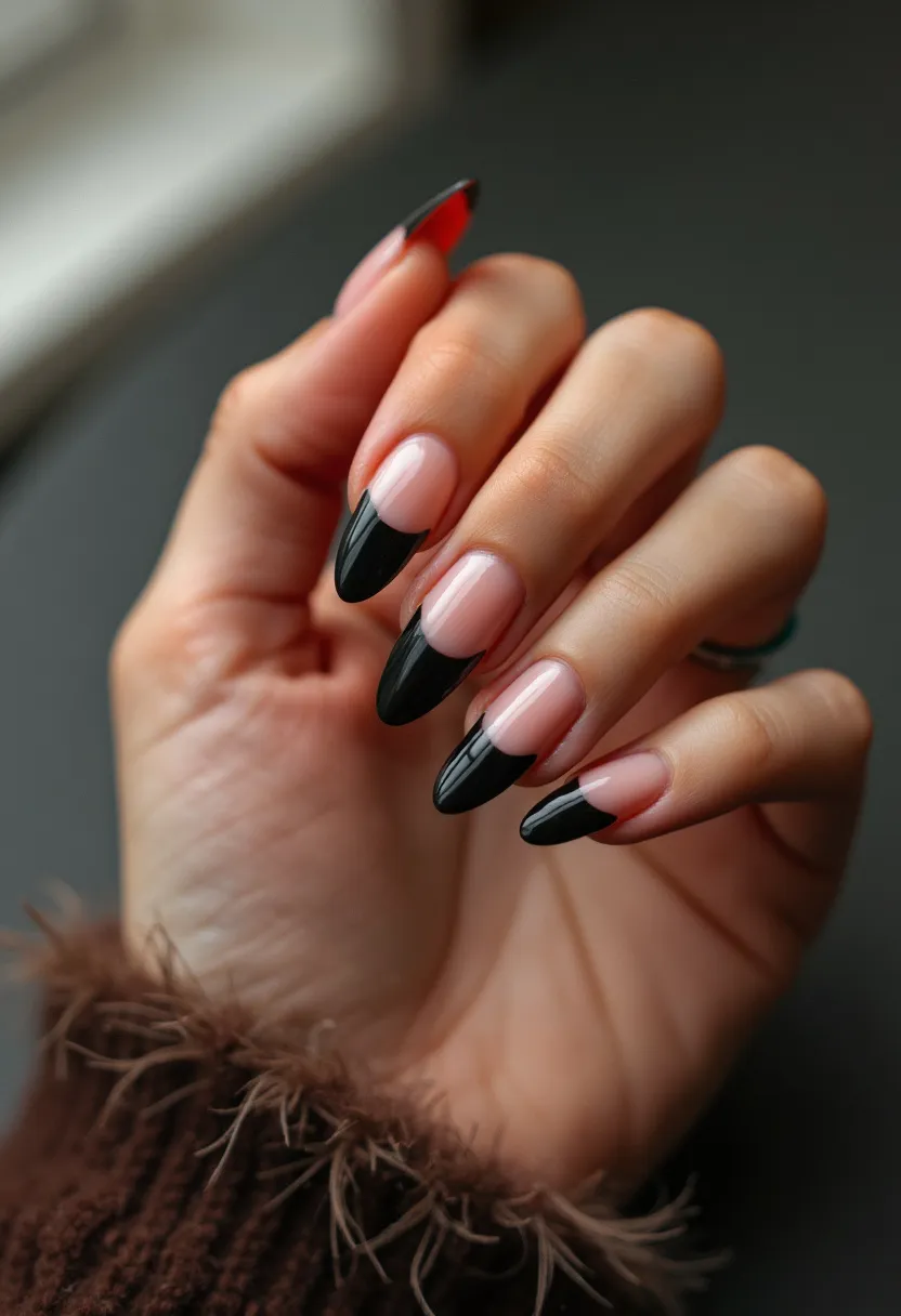 The  nail  design  features  a  black  and  white  color  palette,  with  the  black  nails  having  a  slightly  curved  shape.  The  nails  are  painted  with  a  combination  of  black  and  white  polish,  creating  a  striking  contrast.  The  nail  treatment  appears  to  be  gel,  as  it  is  smooth  and  evenly  applied.  The  design showcases  a  bold  and  modern  style.