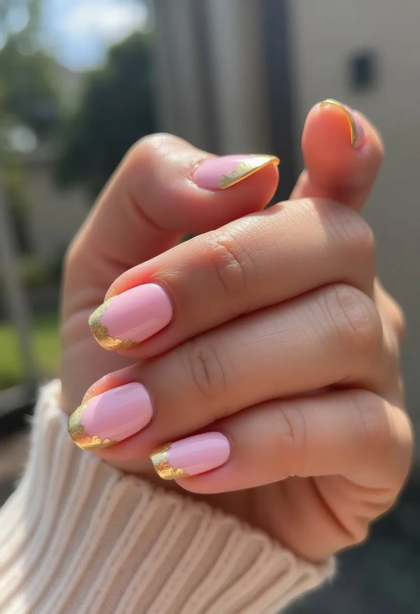 The  nail  design  features  a  pink  base  color  with  gold  accents.  The  nails  are  shaped  in  a  natural,  oval  shape.  The  nail  treatment  used  is  gel,  which  provides  a  long-lasting  and  durable  finish.  The  gold  accents  add  a  touch  of  luxury  and  sophistication  to  the  overall  design.  The  combination  of  pink  and  gold  creates  a  feminine  and  elegant  look,  suitable  for  various  occasions  or  seasons.