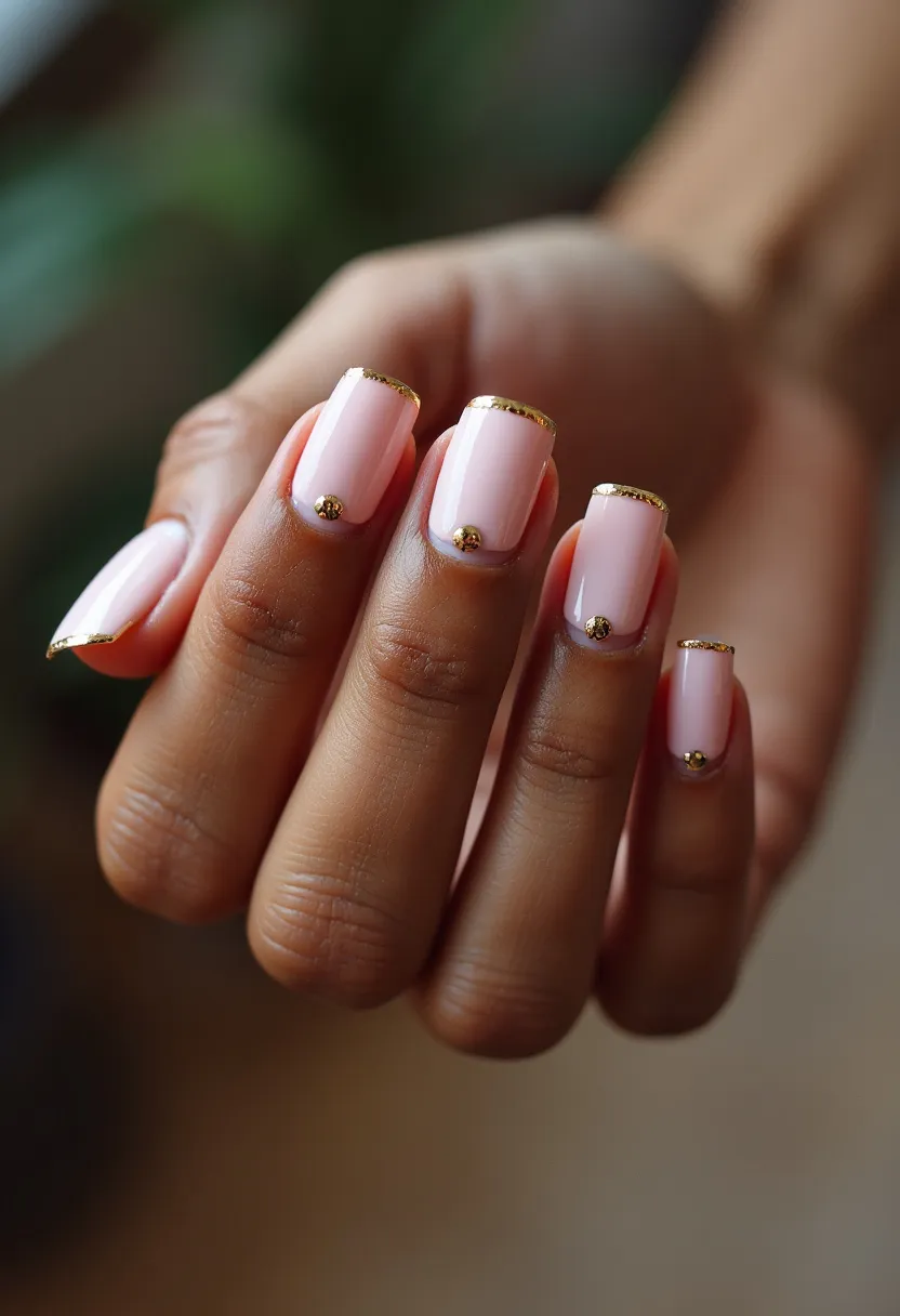 The  nail  design  features  a  pink  nail  color  palette,  with  a  gold  accent  on  the  tips  of  the  nails.  The  nails  have  a  square  shape,  and  the  gold  accents  are  in  the  form  of  stars.  The  nail  treatment  appears  to  be  acrylic,  as  it  is  a  popular  choice  for  creating  intricate  designs  and  patterns.  The  overall  design  is  elegant  and  eye-catching,  making  it  suitable  for  special  occasions  or  as  a  unique  personal  style  statement.