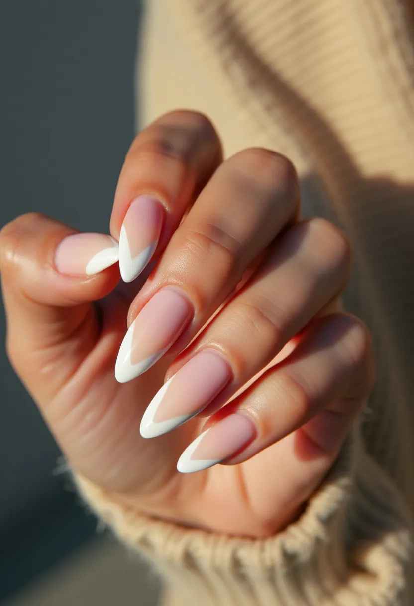 The  nail  design  features  a  white  and  pink  color  palette,  with  the  nails  painted  in  a  combination  of  these  two  colors.  The  nails  are  long  and  have  a  pointed  shape,  giving  them  a  sleek  and  elegant  appearance.  The  nail  treatment  used  is  acrylic  nails,  which  are  known  for  their  durability  and  ability  to  hold  intricate  designs.  The  combination  of  white  and  pink  colors  creates  a  fresh  and  feminine  look,  making  it  a  popular  choice  for  various  occasions,  such  as  spring  or  summer  events,  or  simply  as  a  personal  style  statement.