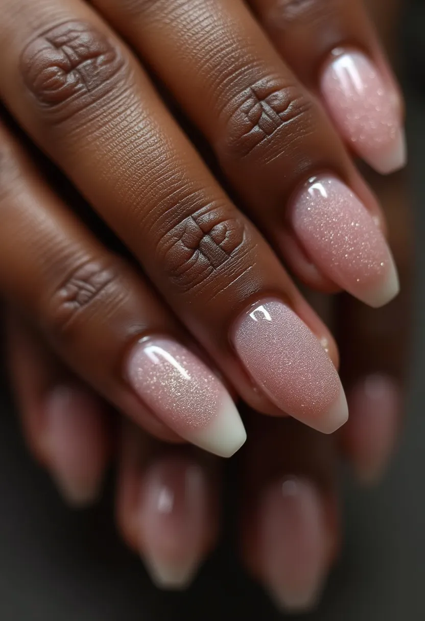 The nail design showcases a soft, feminine palette predominantly featuring shades of pink and a subtle gradient leading to white tips, suggesting an ombre effect. The nails are shaped in a stiletto form, characterized by their long, slightly tapered tips. There is an elegant sparkle incorporated into the design, giving the nails a shimmering effect that adds a touch of glamour. The overall finish appears smooth and glossy, indicating a gel or possibly shellac treatment, known for its durability and shine. This nail art could be suitable for a variety of occasions, including weddings, proms, or other formal events, due to its polished and sophisticated look.