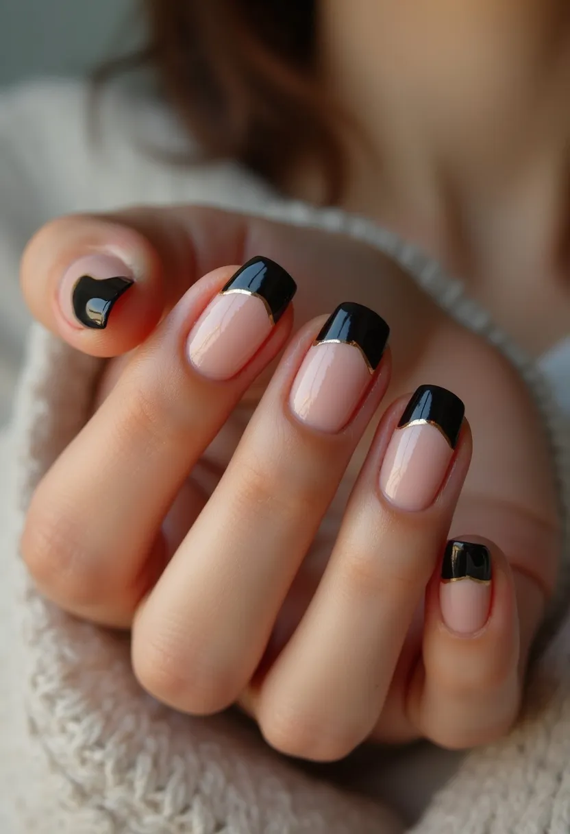 The  nail  design  features  a  pink  base  color  with  black  accent  nails.  The  nails  are  shaped  in  a  square  shape,  giving  them  a  modern  and  unique  appearance.  The  nail  treatment  appears  to  be  acrylic,  as  it  is  a  popular  choice  for  creating  intricate  and  bold  nail  designs.  The  combination  of  pink  and  black  creates  a  striking  contrast,  making  the  nails  stand  out  and  look  stylish.