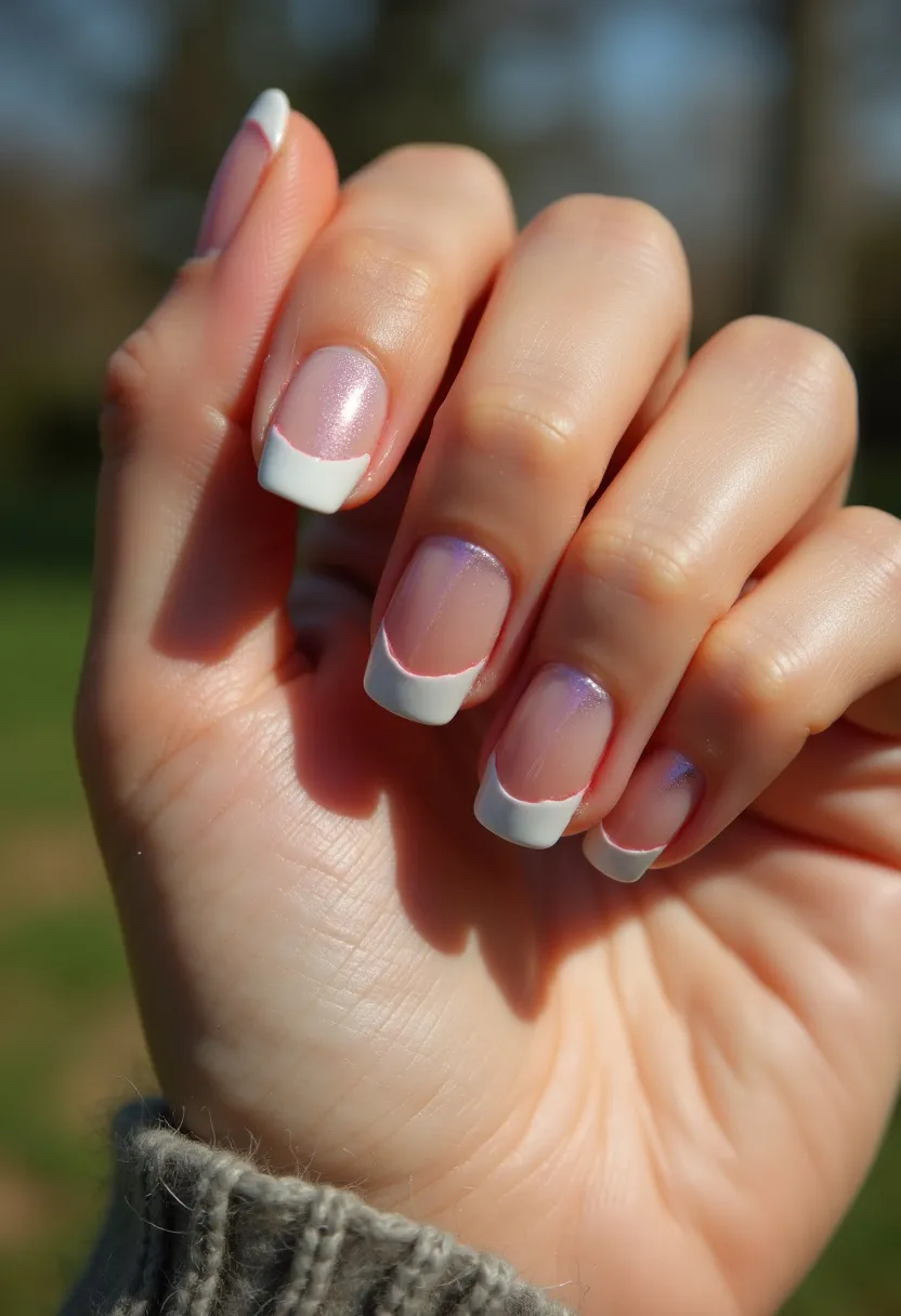 The  nail  design  features  a  white  and  purple  color  palette,  with  the  white  nail  polish  covering  the  base  of  the  nail  and  the  purple  polish  painted  on  the  tip.  The  nails  are  shaped  in  a  square  shape,  giving  them  a  unique  and  modern  appearance.  The  nail  treatment  appears  to  be  a  gel  application,  which  provides  a  long-lasting  and  smooth  finish.  The  combination  of  white  and  purple  colors  creates  a  visually  appealing  and  elegant  look,  suitable  for  various  occasions  or  seasons.