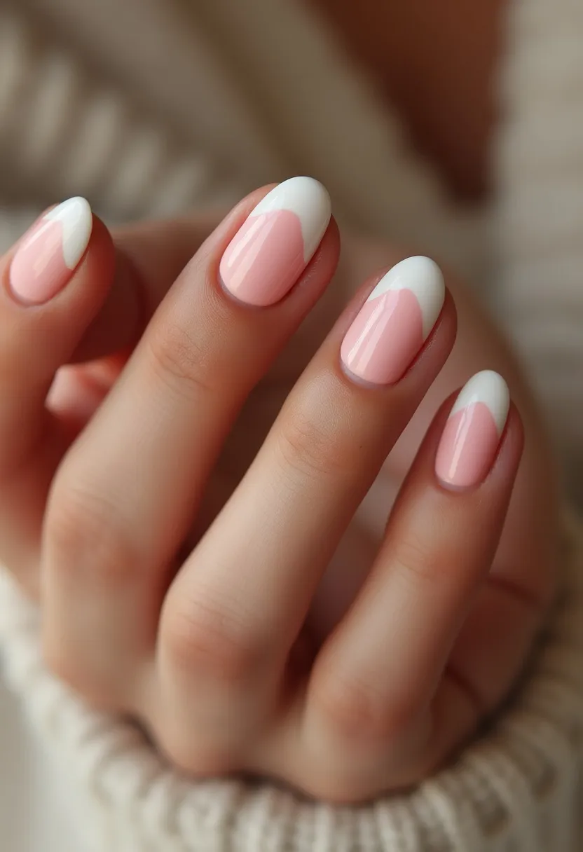 The  nail  design  features  a  pink  and  white  color  palette,  with  the  pink  nail  polish  covering  the  majority  of  the  nail  and  the  white  polish  painted  in  a  thin  stripe  down  the  center.  The  nails  are  shaped  in  a  rounded,  oval  shape.  The  nail  treatment  appears  to  be  a  regular  nail  polish  application,  as  there  are  no  visible  signs  of  gel,  acrylic,  shellac,  or  dip  treatments.  The  design  is  simple  and  elegant,  suitable  for  everyday  wear  or  special  occasions.