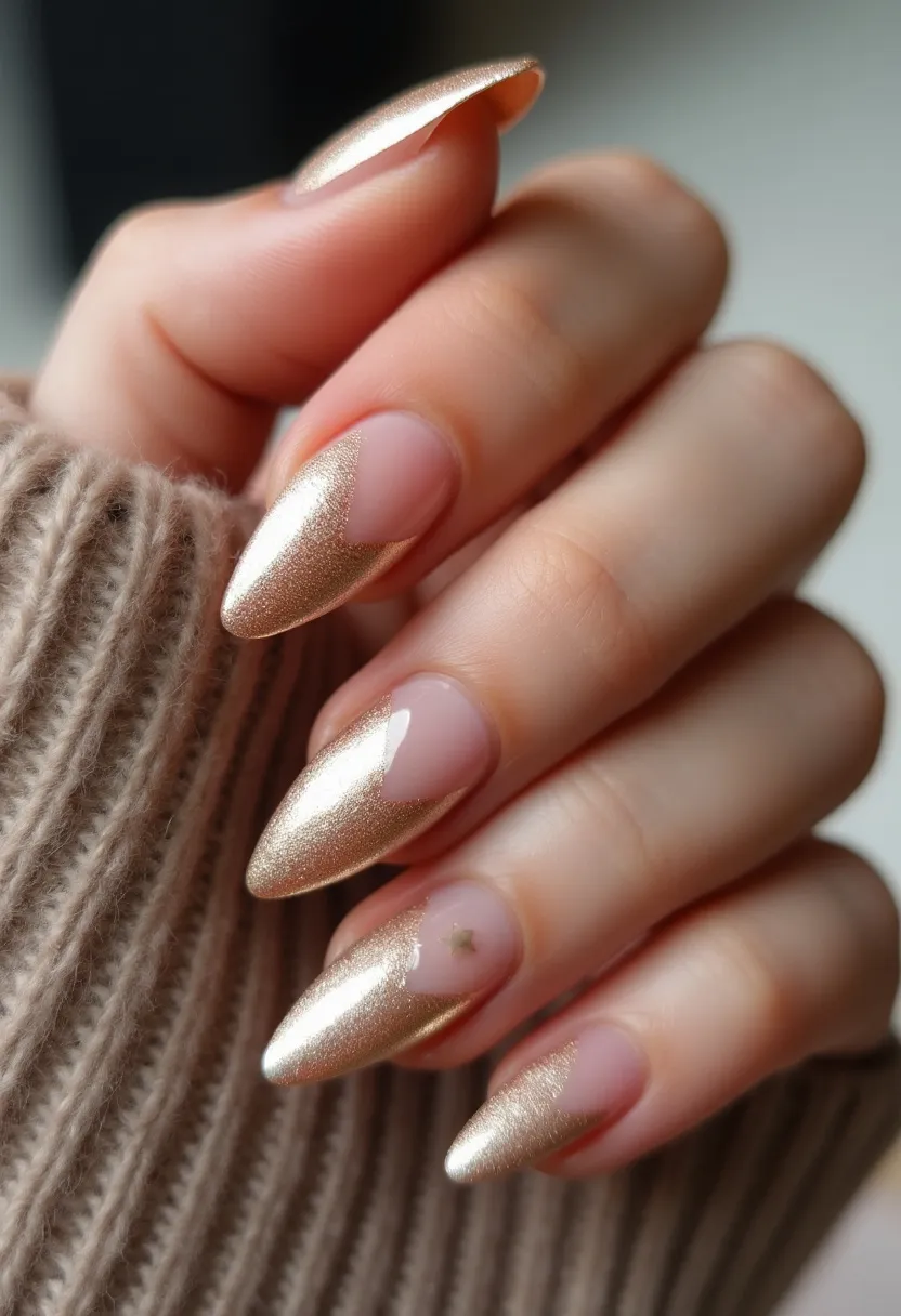 The  nail  design  features  a  gold  and  white  color  palette,  with  gold  nail  tips  and  white  nail  beds.  The  nails  are  shaped  in  a  long,  pointed  style.  The  nail  treatment  appears  to  be  a  gold  nail  polish,  which  gives  the  nails  a  shiny  and  luxurious  appearance.  The  intricate  pattern  or  decoration  on  the  nails  is  a  small,  gold  star,  adding  a  touch  of  elegance  and  sophistication  to  the  overall  design.