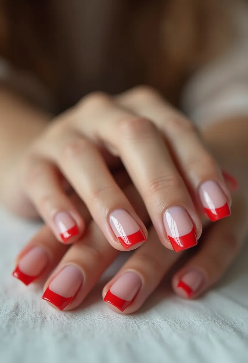 The  nail  design  features  red  and  white  nail  polish,  with  a  red  stripe  painted  on  the  tips  of  the  nails.  The  nails  are  shaped  in  a  square  shape,  and  the  nail  treatment  appears  to  be  a  regular  nail  polish  application.  There  are  no  intricate  patterns  or  decorations  visible  in  the  image.