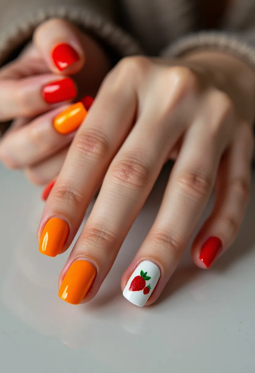 The nail design features a vibrant color palette with shades of red, orange, and white. The nails have a classic square shape, providing a neat and modern look. The design includes a striking mix of bright red and orange nails; however, the ring fingernail features a white base with an intricate strawberry pattern, adding a playful and unique touch to the overall look. The glossy finish suggests a gel or shellac treatment, ensuring long-lasting shine and durability. The lively colors and fruity design hint at a summertime or festive seasonal theme, perfect for outdoor events or casual celebrations.