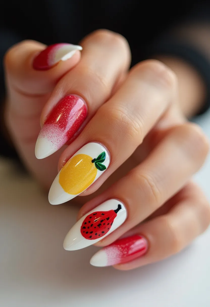 The nail design features a vivid, playful color palette consisting primarily of red, white, yellow, and green. The nails are shaped into a long, almond style, giving them an elegant yet trendy look. There's a combination of intricate fruit-themed patterns, such as a lemon detailed with green leaves and a red, seed-speckled fruit that resembles a dragon fruit or strawberry. Additionally, some of the nails exhibit a stylish red and white gradient, with the red starting from the cuticle and gradually fading into white towards the tips. This design likely uses gel polish for a glossy and durable finish. With its bright and fruity elements, the design suggests a summery, fun vibe that would be perfect for a summer vacation or seasonal celebration.