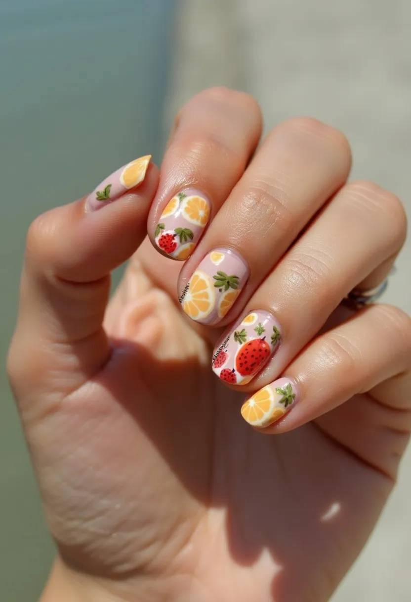 This nail design features a playful and vibrant summer theme with a fruit-inspired motif. The nail color palette includes a soft pastel pink base, adorned with intricate depictions of strawberries and orange slices in red, yellow, green, and white hues. The nails are in a natural, short, oval shape, which enhances the delicate and detailed artwork. The intricate fruits are meticulously painted, suggesting a gel manicure treatment that allows for fine detailing and durability. The overall look is cheerful and refreshing, making it ideal for summer or a tropical vacation.