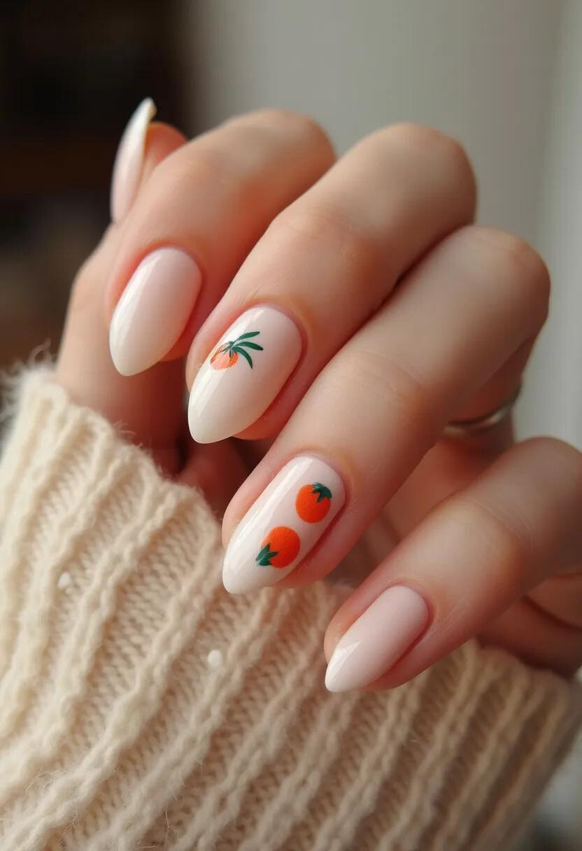 This nail design features a soft pastel palette with a base color of milky white. The nails are medium-length and shaped into a classic almond style. The design includes intricate hand-painted orange fruit with green leaves on a few of the nails, adding a touch of vibrant color and playful detail. The treatment used appears to be gel polish, giving the nails a glossy and durable finish. The overall aesthetic is fresh and summery, making it particularly suited for the warmer months or a special seasonal occasion.