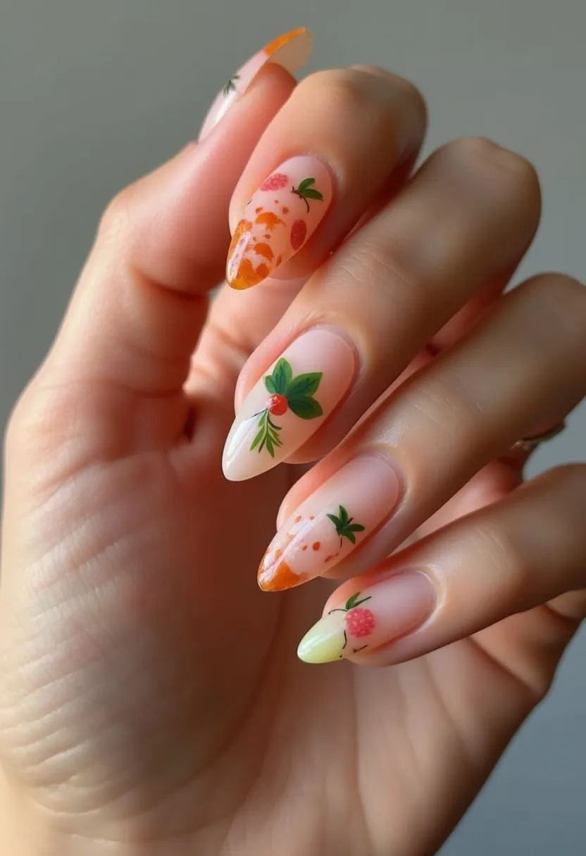 The nail design features a soft pastel palette with predominantly light peach, white and vibrant touches of orange and green. The nails are almond-shaped, offering a sleek and elongated look. Intricate details include small fruit-like decorations with leaves, possibly strawberries and oranges, enhancing the summery and fresh feel of the design. Additionally, some nails showcase a gradient or splattered effect with orange paint near the tips. It appears that the nails have a smooth, glossy finish indicative of gel or possibly shellac treatment, ensuring durability and shine. This design could be particularly suited for a summer occasion, evoking the essence of fresh produce and warm weather.