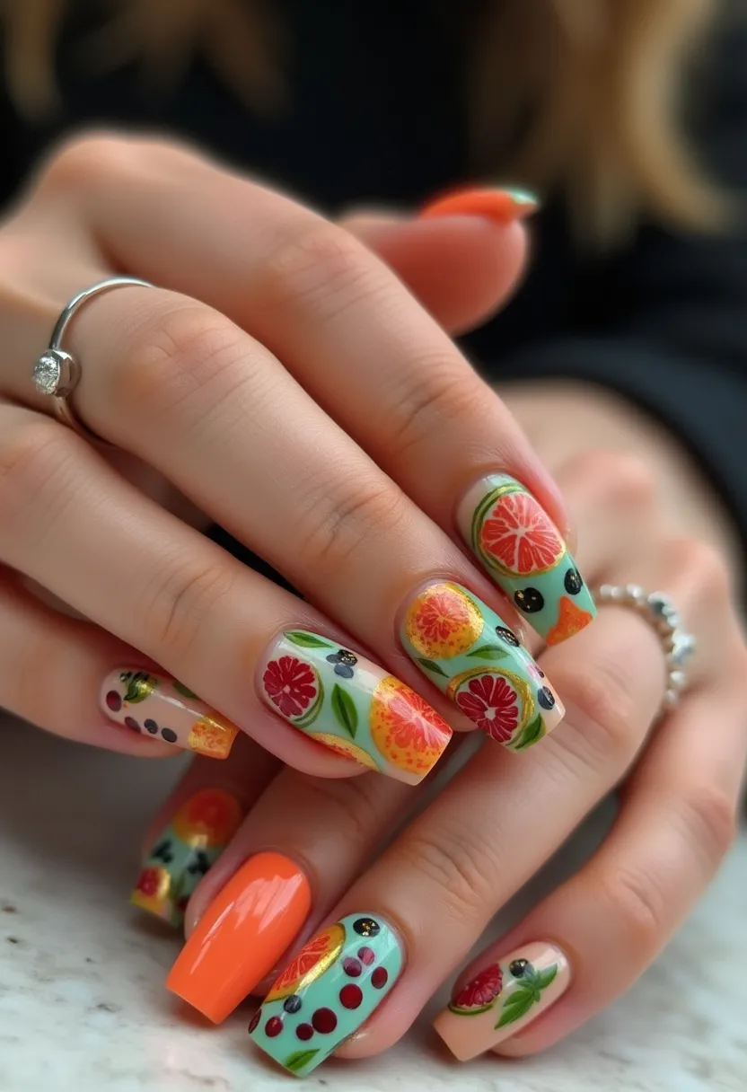 The nail design features a vibrant, summery color palette that includes shades of orange, red, yellow, green, and pastel blue. The nails are shaped in a medium-length square style. Most nails showcase intricate patterns of fruit slices, including oranges, grapefruits, and smaller berries, along with green leaves, creating a fresh and lively look. One nail on each hand is painted in a solid, bright orange color, adding a pop of uniform contrast to the detailed fruit designs. The nail treatment appears to be gel, allowing for a glossy and long-lasting finish. This design aligns well with tropical or summertime themes, perfect for vacation or a beach outing.