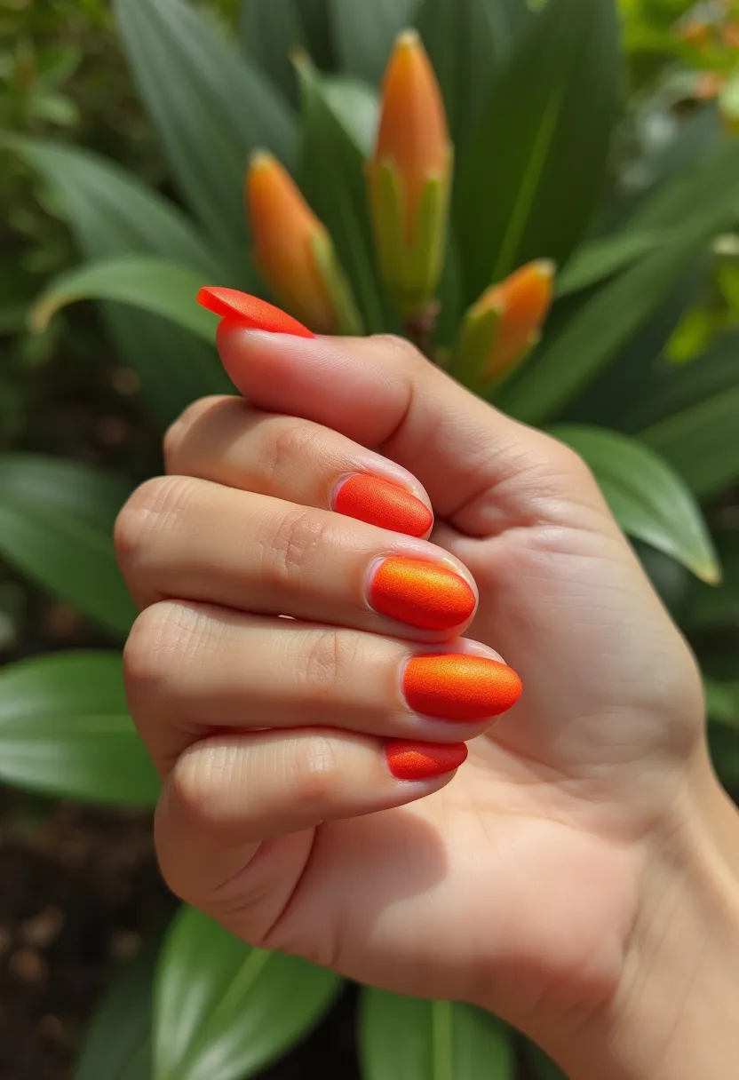 The nail design features a vibrant, solid color palette predominantly in orange with a subtle gradient effect, giving the nails a glossy and lively appearance. The nails are shaped in a rounded almond form, which complements the bright, energizing hue. The treatment is likely a gel polish, given the smooth, glossy finish, which suggests a durable and long-lasting application. There are no intricate patterns or decorations, making it a straightforward yet striking design. The bold orange color exudes a summery vibe, perfect for the warmer seasons or tropical-themed occasions. The simplicity of the design, focusing on the color and shape, makes it suitable for both casual and more festive, outdoor settings.