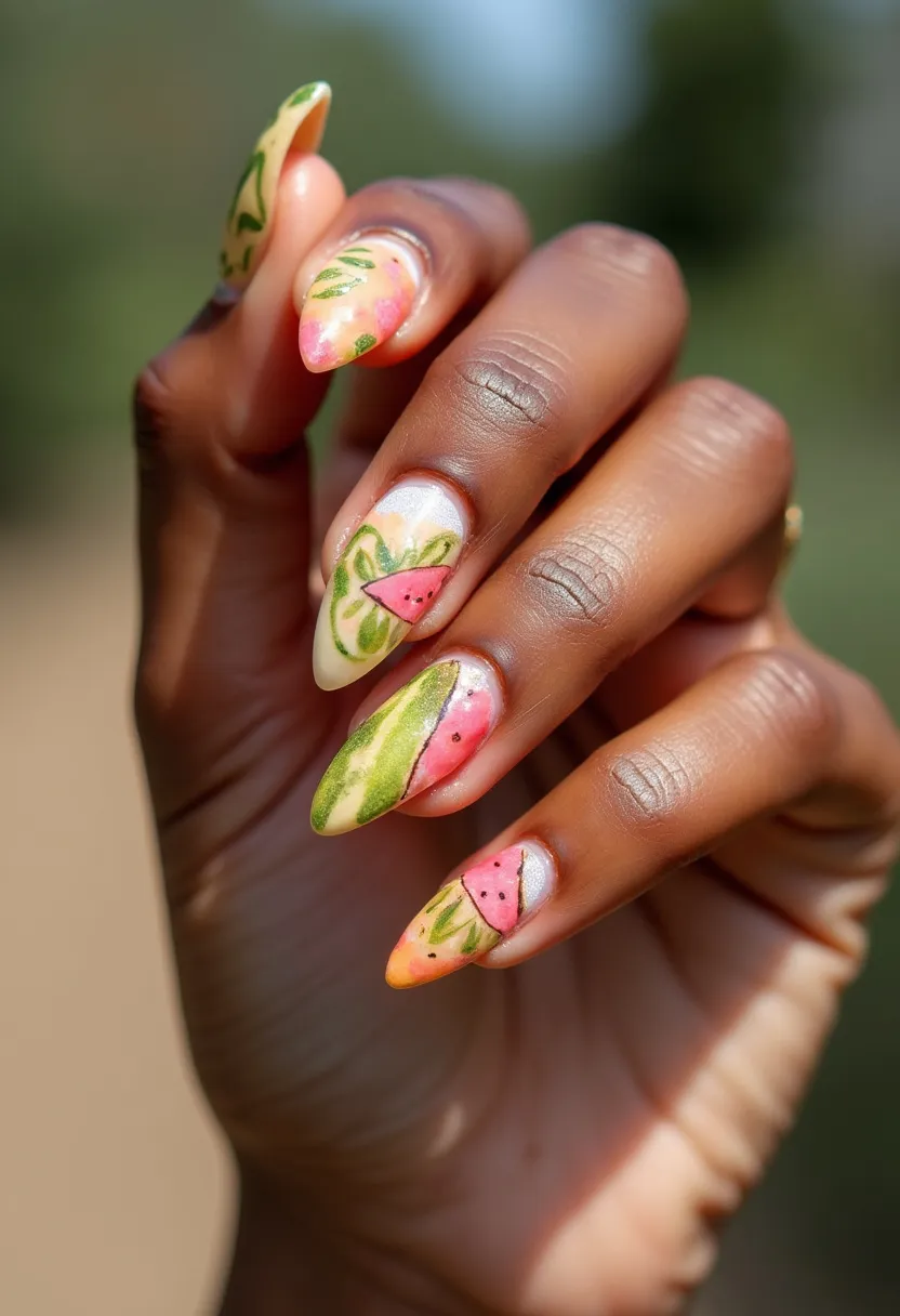 The nail design features an eye-catching summer theme with vibrant, fruity patterns. The nails are almond-shaped and covered in a color palette that includes shades of pink, green, orange, and white, reminiscent of watermelon slices. Each nail incorporates intricate hand-painted watermelon designs, complete with green rinds, pink flesh, and tiny black seeds, creating a fresh and fun look. The treatment appears to be a gel application, given its smooth finish and shiny appearance. This playful and artistic design is perfect for warm seasons and occasions that celebrate the joys of summer, perhaps highlighting summertime picnics or beach outings.