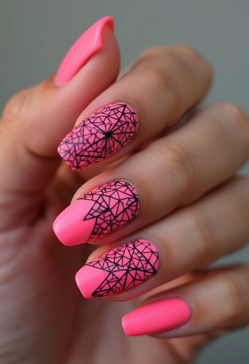 This nail design features a vibrant, neon pink color palette. The nails are shaped in a medium-length coffin shape. Intricate black geometric patterns adorn some of the nails, creating a striking contrast against the pink background. The patterns appear random and abstract, adding a modern and edgy touch to the design. This manicure appears to be done using gel polish, given the high gloss finish and the durability evident in the design. This nail art stands out as a trendy and bold choice, likely suited for summer or festive occasions due to its bright and cheerful appearance.