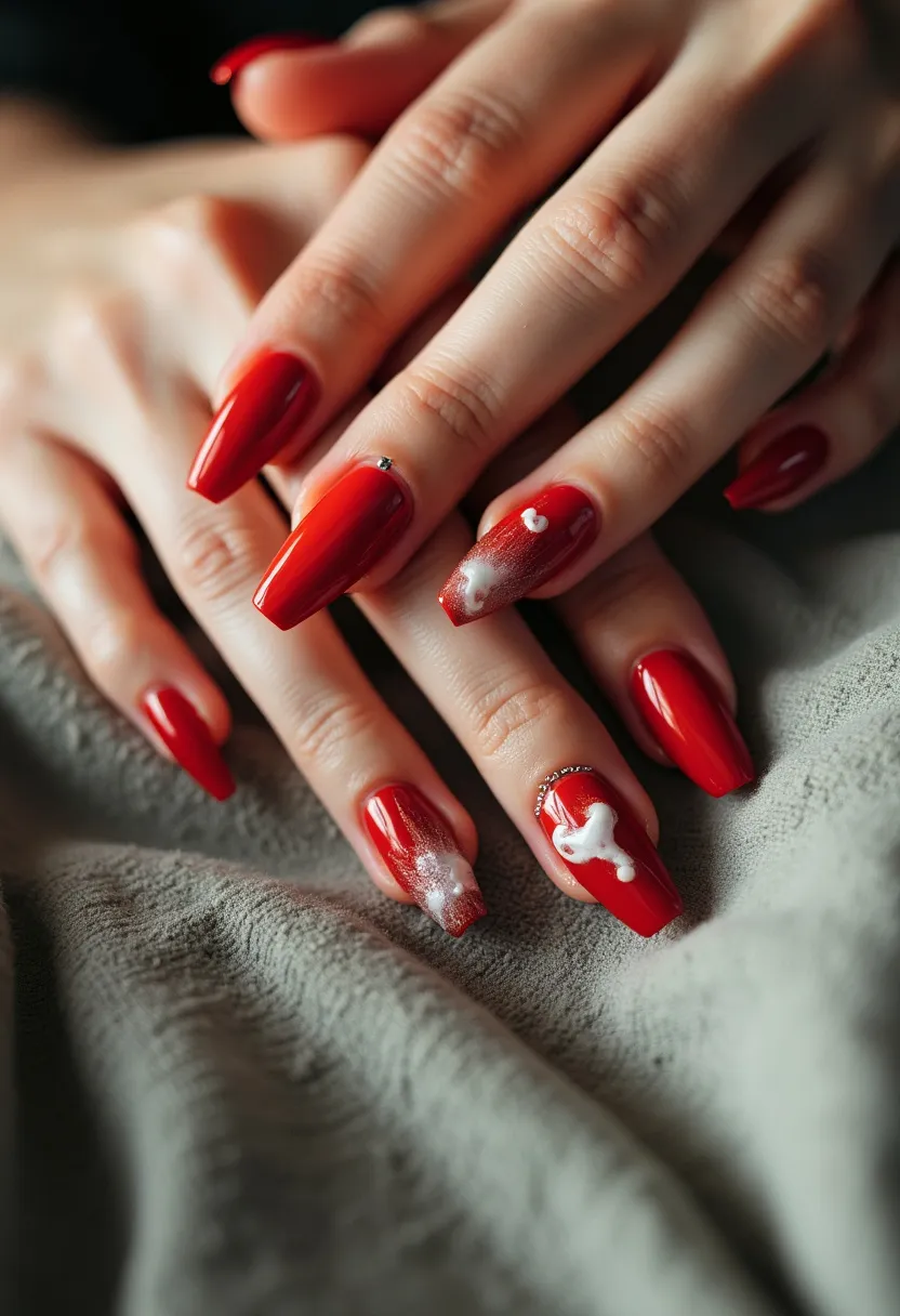 The nails in the image feature a vibrant red color palette, indicative of a bold and striking design. The nails are medium-long and shaped into a coffin style, offering a modern and elegant silhouette. There are detailed patterns and decorations, including an intricate white snow-like design on a few nails, which suggest a winter or holiday theme. Silver glitter embellishments add a touch of sparkle and sophistication to the overall look. The type of nail treatment appears to be gel, given the high-gloss finish and the intricate designs that are typically easier to achieve with this medium. This nail design, with its festive elements and attention to detail, seems well-suited for special occasions or seasonal celebrations.