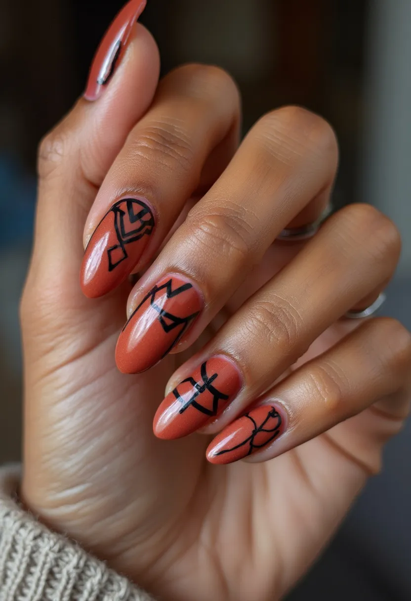 The nail design features a cohesive color palette dominated by a warm, rustic orange shade, giving a sophisticated yet vibrant appearance. The nails are expertly shaped into an almond form, emphasizing elegance and elongation of the fingers. Intricate, black abstract line patterns adorn each nail, creating a striking contrast against the orange base and contributing to a modern, artistic vibe. The glossy finish and durability suggest the use of gel polish, providing a smooth, long-lasting effect. This nail design could complement seasonal themes, particularly autumn, due to the earthy color palette, or it could be suitable for special occasions requiring a bold and classy nail statement.