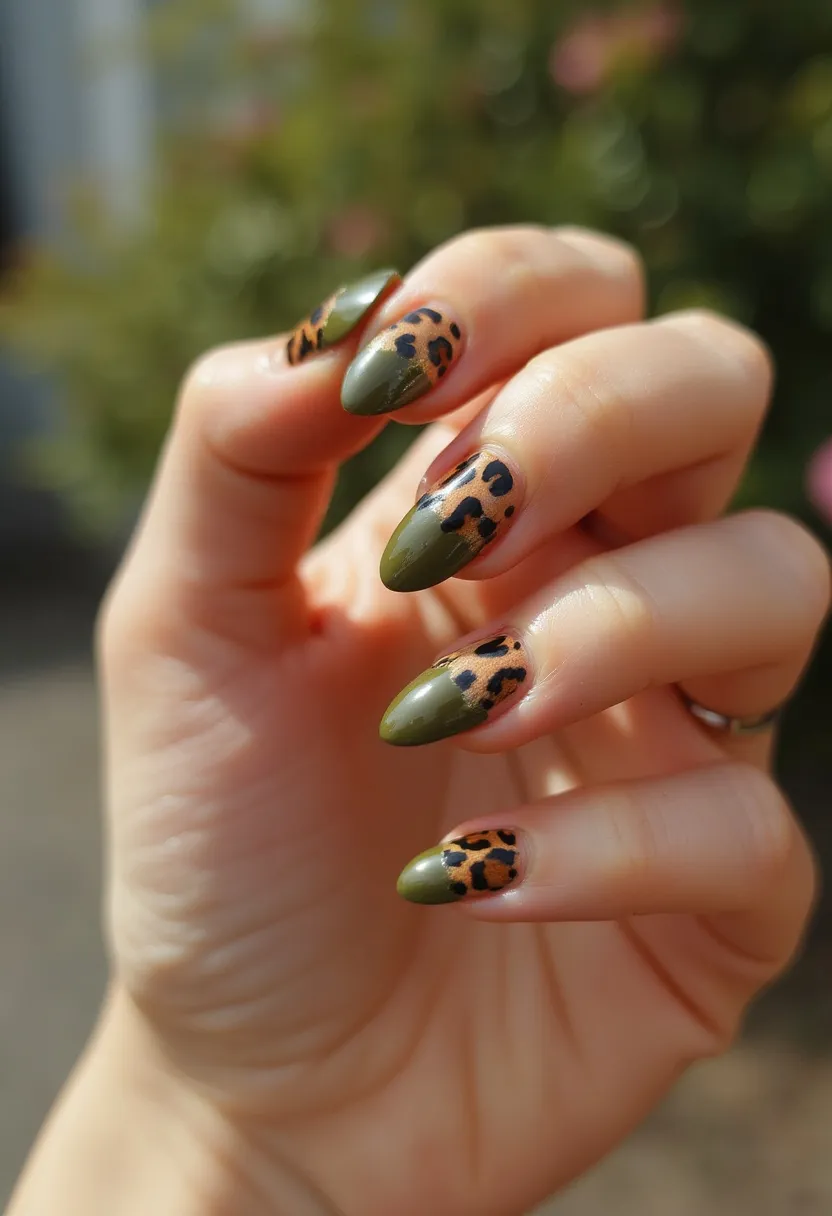 The nail design features a color palette primarily consisting of olive green and a natural beige base with intricate black and brown leopard print patterns. The nails are shaped in a pointed almond style, creating a chic and edgy look. The decoration includes a combination of solid olive green tips and leopard print accent nails, which merge seamlessly towards the cuticle area, giving a stylish and wild aesthetic. The type of nail treatment appears to be either gel or acrylic, due to the glossy finish and durability suggested by the design. This particular design does not distinctly cater to any seasonal theme or special occasion, making it versatile for everyday wear or a trendy statement look.