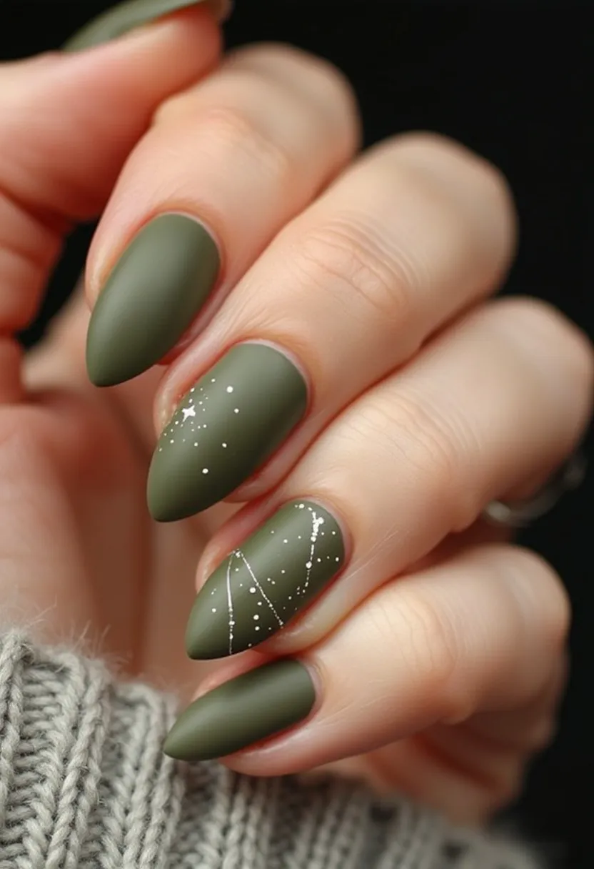 The nail design features a matte olive green color palette, which evokes a natural and serene aesthetic. The nails are shaped in a pointed almond style, adding a sophisticated and chic touch. Intricate patterns painted in white adorn several of the nails, with designs resembling constellations and delicate stars, providing a celestial theme that could be suitable for any season or a special occasion such as an evening event. The nail treatment appears to be a gel, which contributes to the smooth and durable matte finish. The constellation-inspired art adds a unique and personalized detail to the overall design.