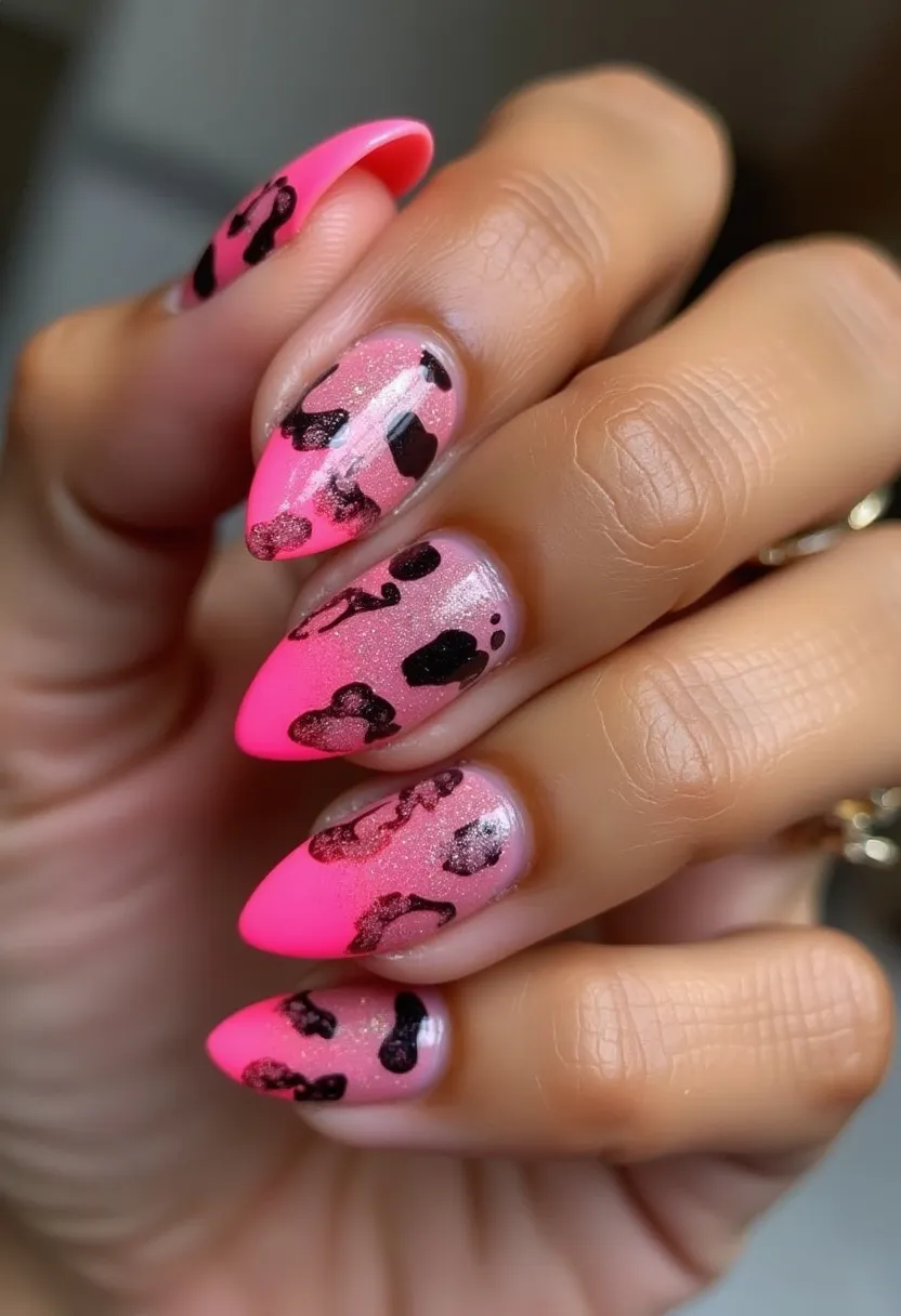 The nail design showcases an almond shape with a vibrant color palette featuring shades of pink and black. The nails are decorated with an intricate leopard print pattern where the base is a gradient of pink transitioning from a lighter to more intense shade towards the tips. The design is enhanced with a glittery finish, adding a shimmering effect to the overall look. The nails appear to be treated with gel polish, providing a smooth, long-lasting finish. This chic and trendy design could be well-suited for a fun, fashionable event or as a stylish summer nail choice.