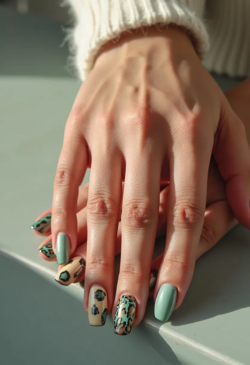 The nail design features a combination of mint green and beige colors, balanced with intricate leopard print patterns, giving it a stylish and bold look. The nails are medium-length with a square shape, adding to the modern aesthetic. The leopard print is detailed with black and brown hues on a beige background, creating a striking contrast with the solid mint green nails. The treatment appears to be a gel or acrylic finish, adding a glossy and durable effect. This nail design is versatile, suitable for both everyday wear and special occasions, with a hint of adventurous flair ideal for any season.